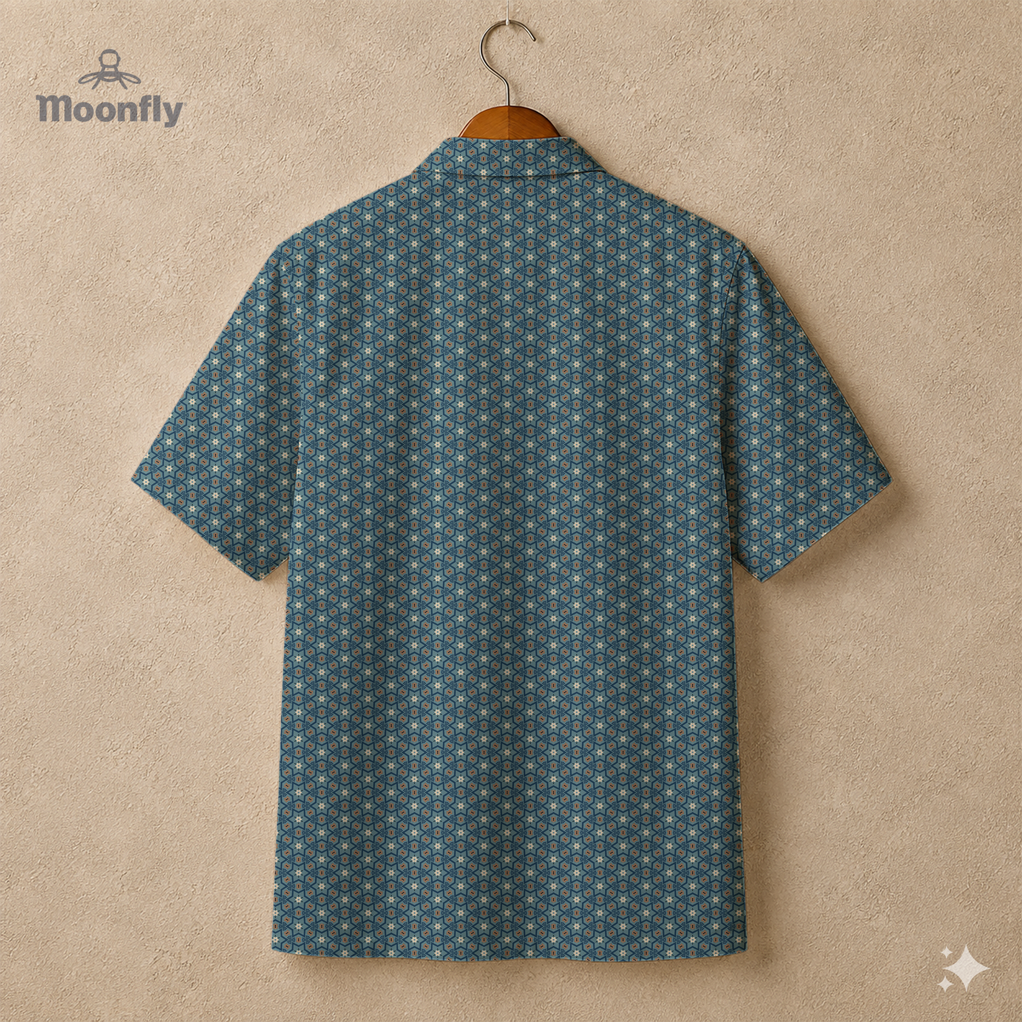 Back view of a men’s geometric-pattern cotton Hawaiian short-sleeve button-down shirt in black, orange and red.
