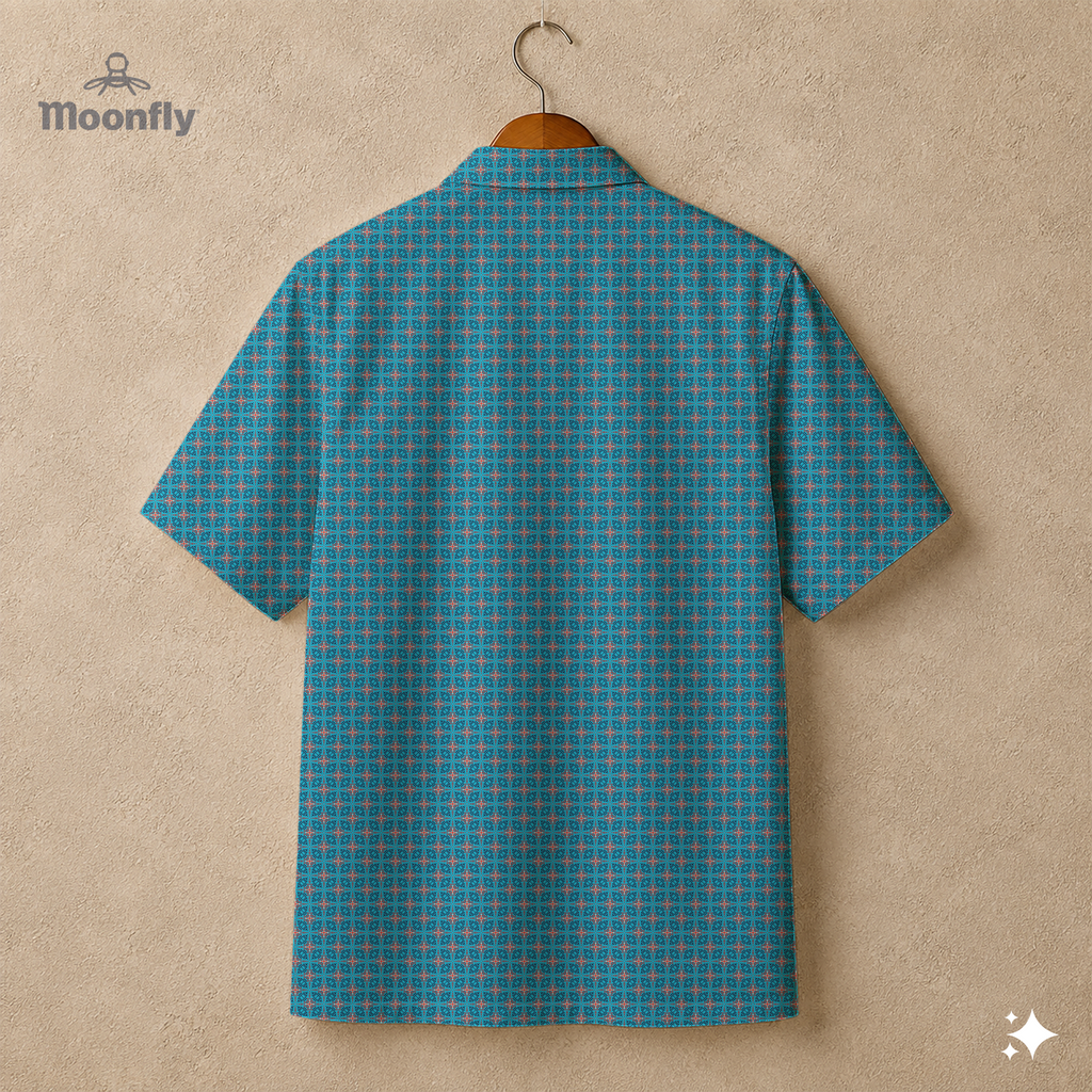 Back view of a men's geometric-pattern cotton Hawaiian short-sleeve button-down shirt in dark blue, blue, cream and red.