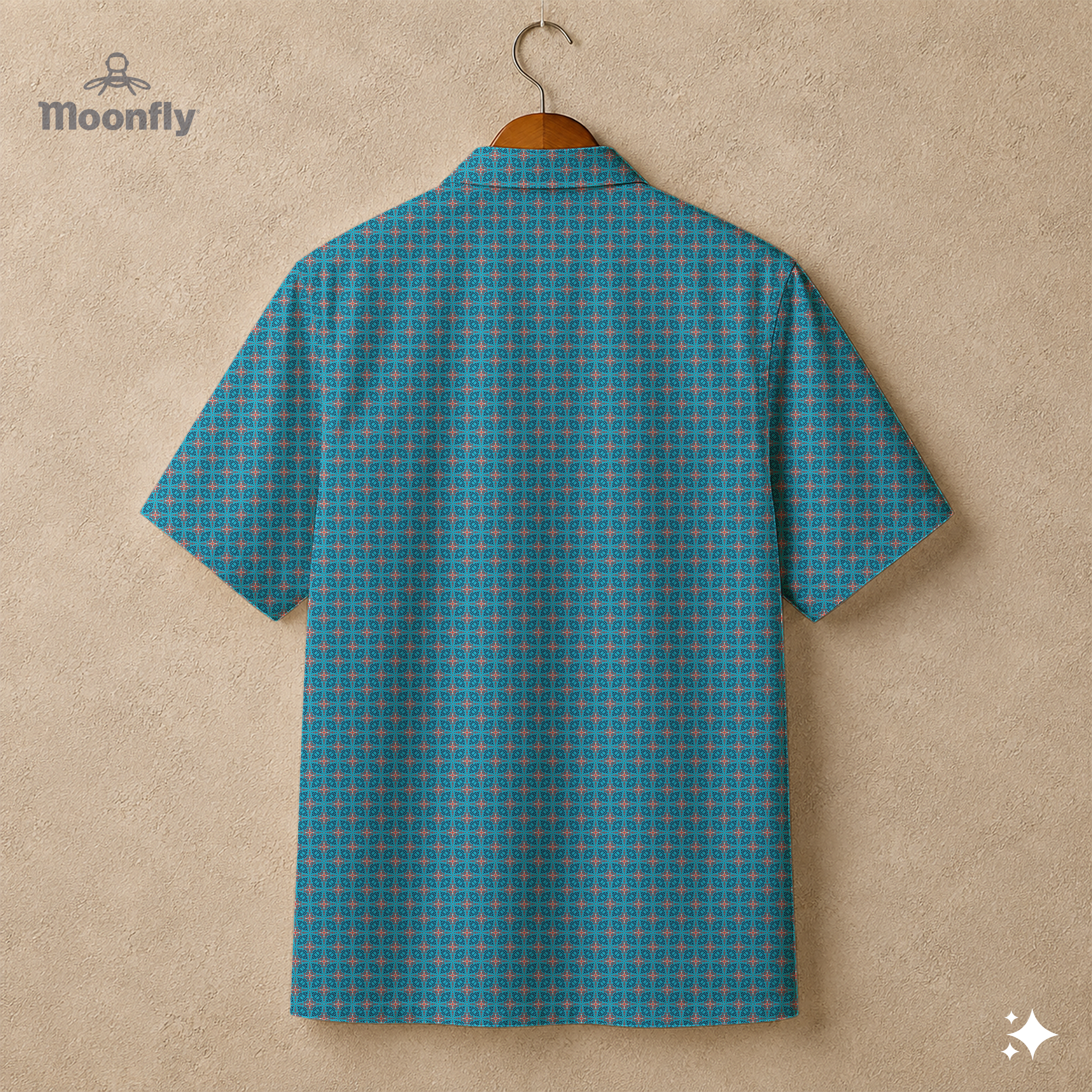 Back view of a men's geometric-pattern cotton Hawaiian short-sleeve button-down shirt in dark blue, blue, cream and red.