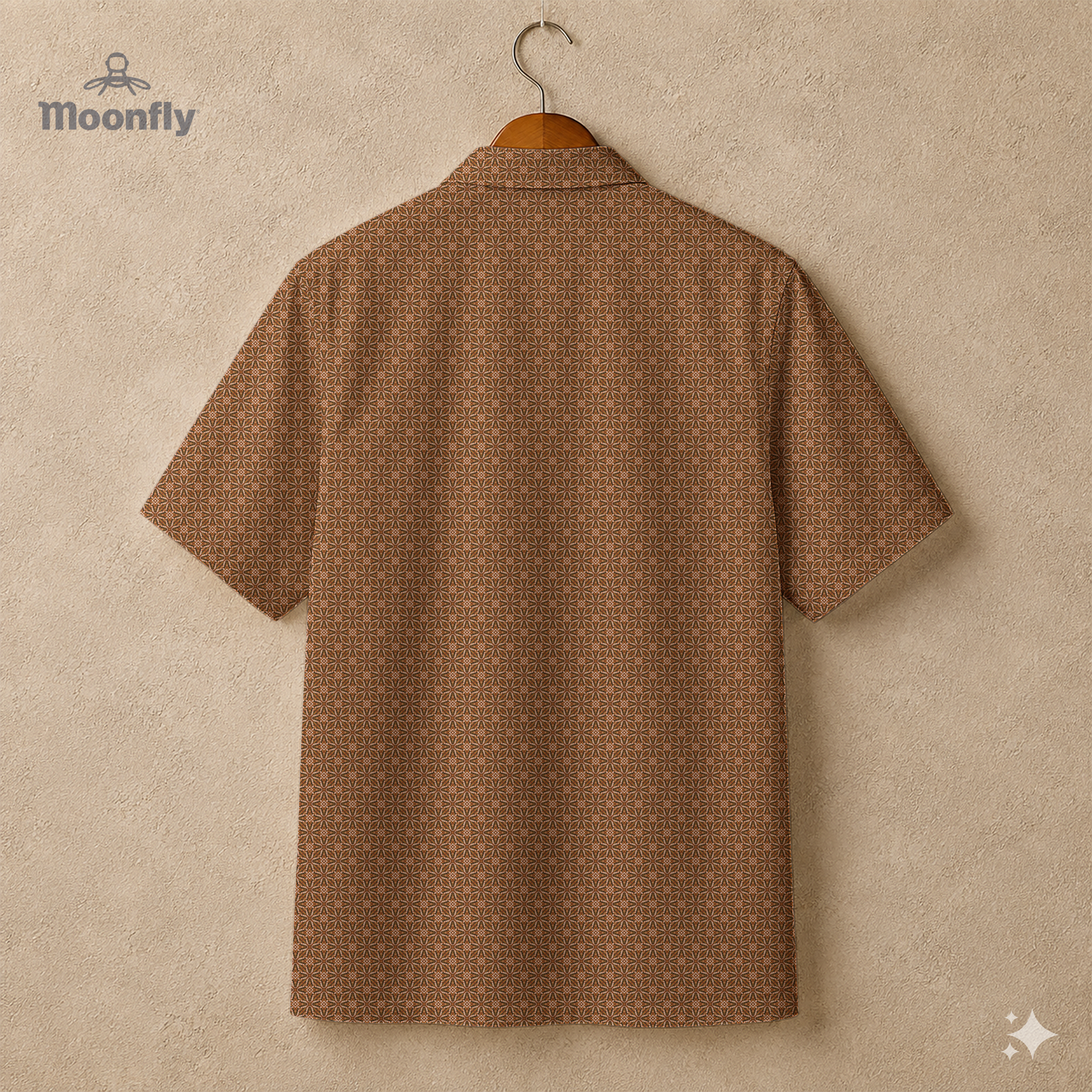 Back view of a men’s geometric-pattern cotton Hawaiian short-sleeve button-down shirt in dark brown, light brown and cream.