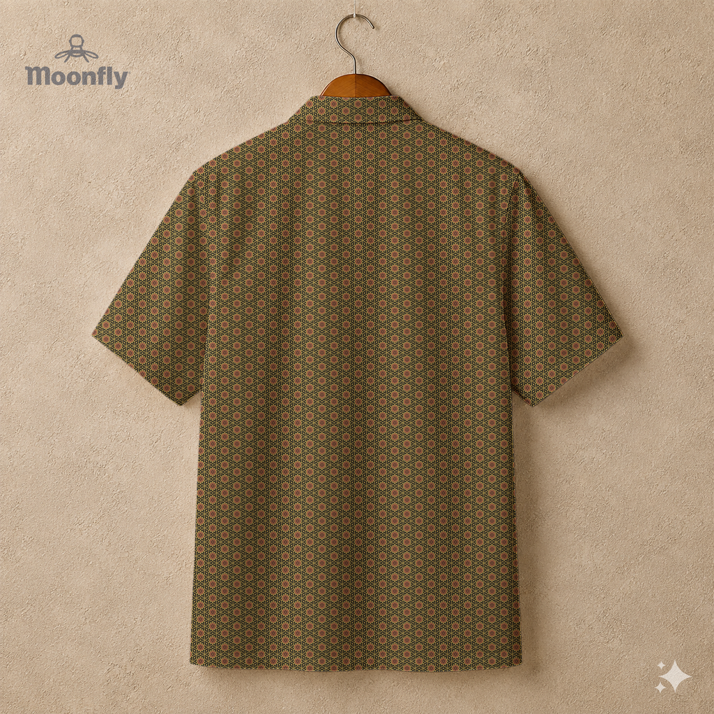 Back view of a men’s geometric-pattern cotton Hawaiian short-sleeve button-down shirt in black, brown and yellow.