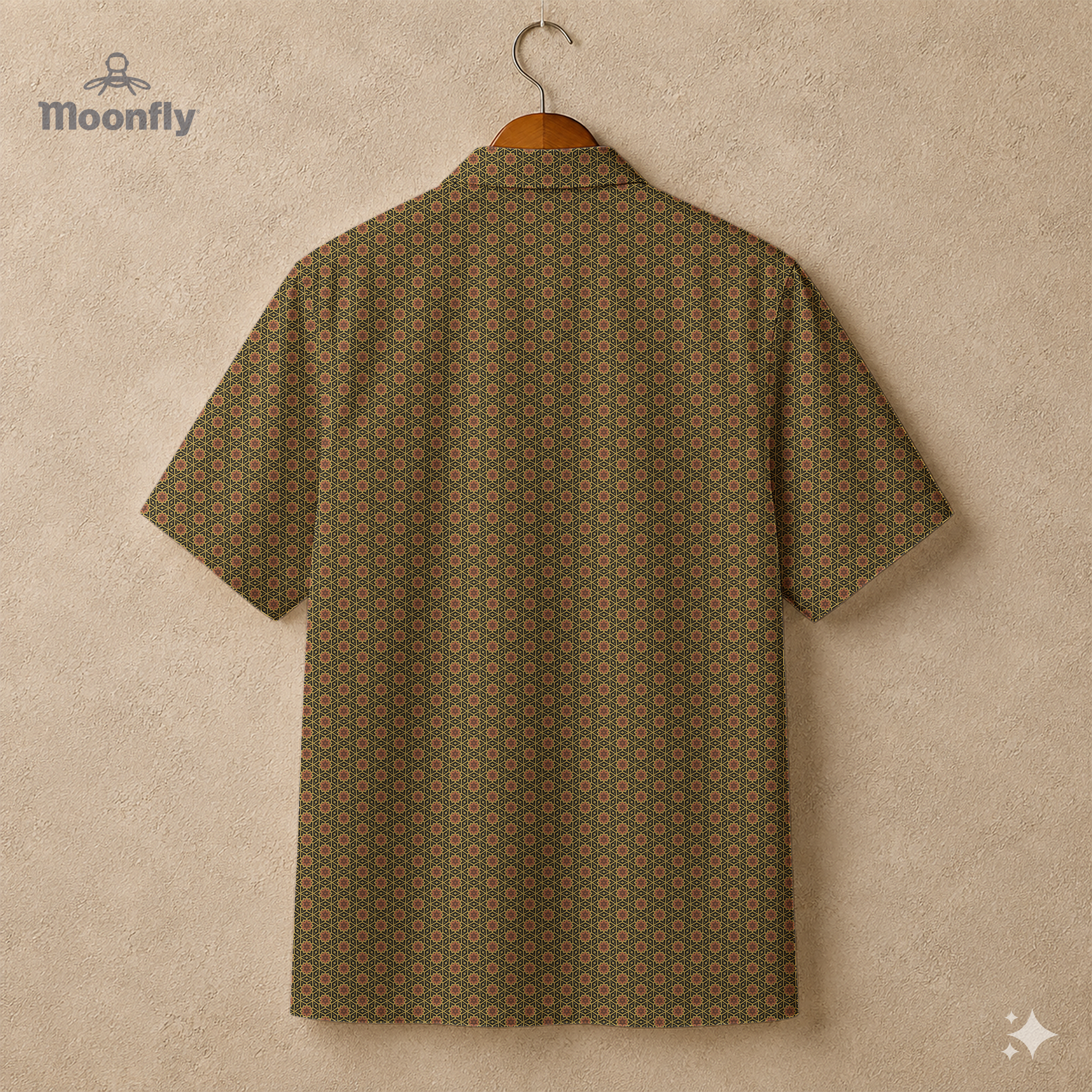 Back view of a men’s geometric-pattern cotton Hawaiian short-sleeve button-down shirt in black, brown and yellow.