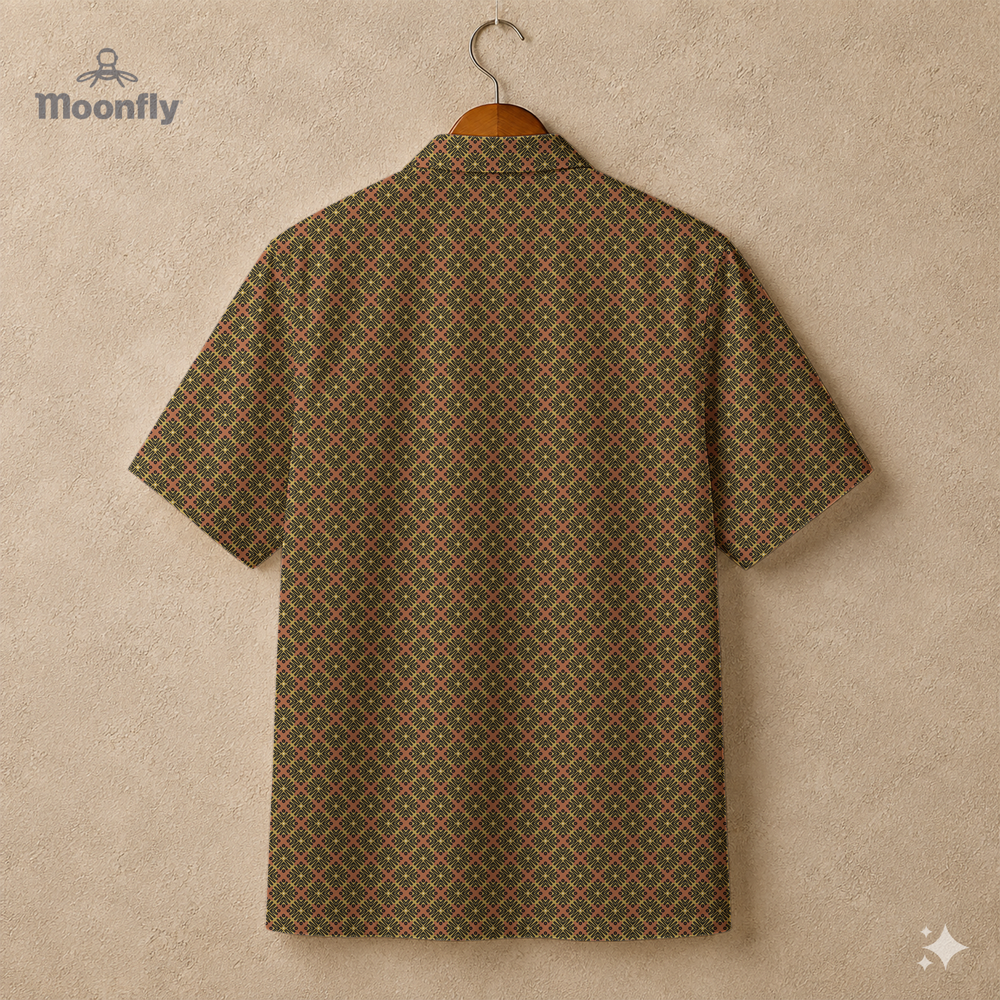 Back view of a men’s geometric-pattern cotton Hawaiian short-sleeve button-down shirt in black, brown and yellow.
