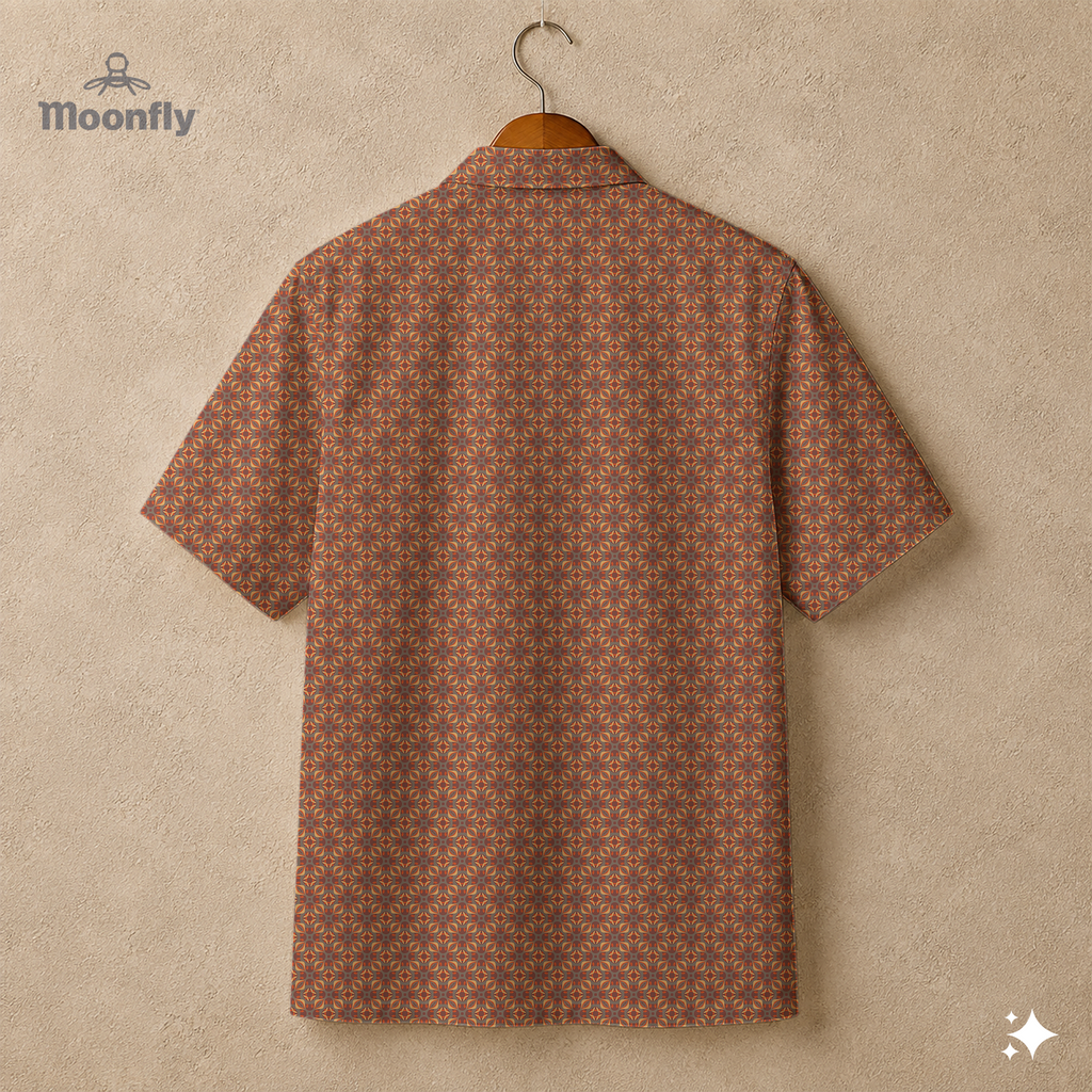 Back view of a men’s geometric-pattern cotton Hawaiian short-sleeve button-down shirt in grey, orange and yellow.