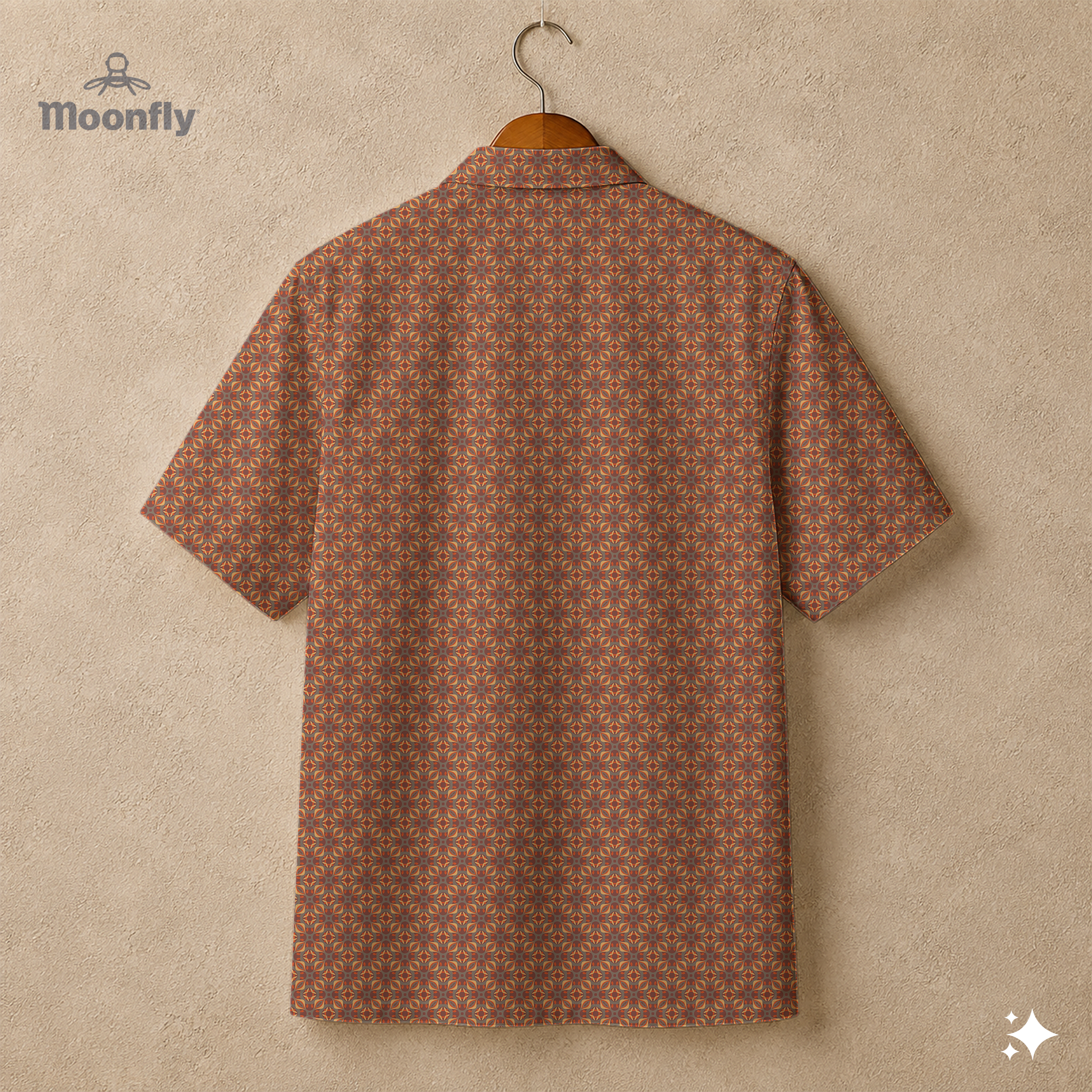 Back view of a men’s geometric-pattern cotton Hawaiian short-sleeve button-down shirt in grey, orange and yellow.