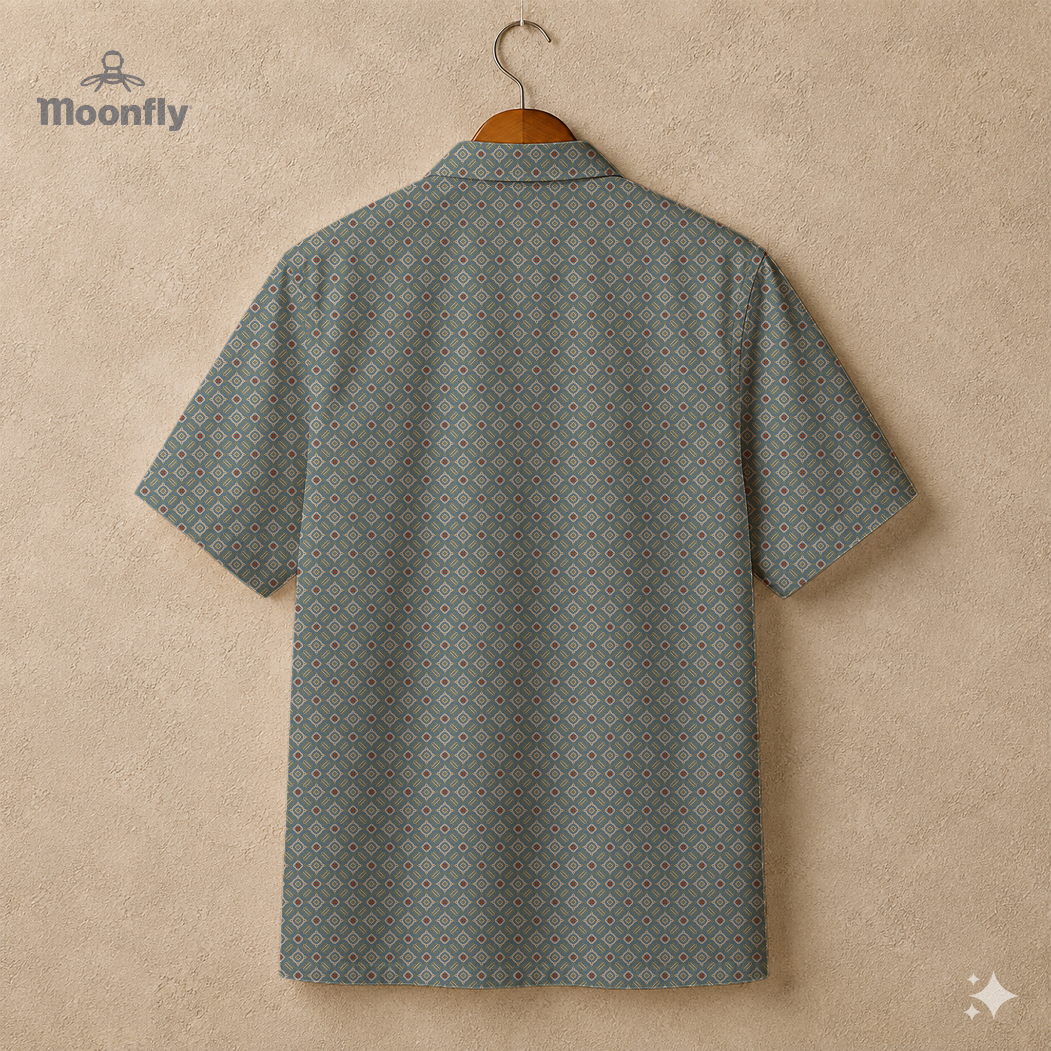 Back view of a men’s geometric-pattern cotton Hawaiian short-sleeve button-down shirt in blue, cream and yellow.