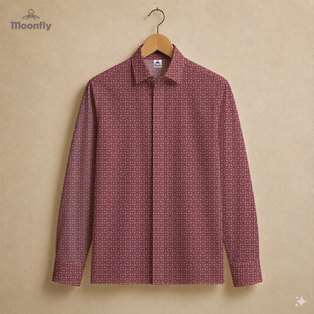 Men’s geometric pink, Bordeaux and cream cotton long sleeve button-down shirt.