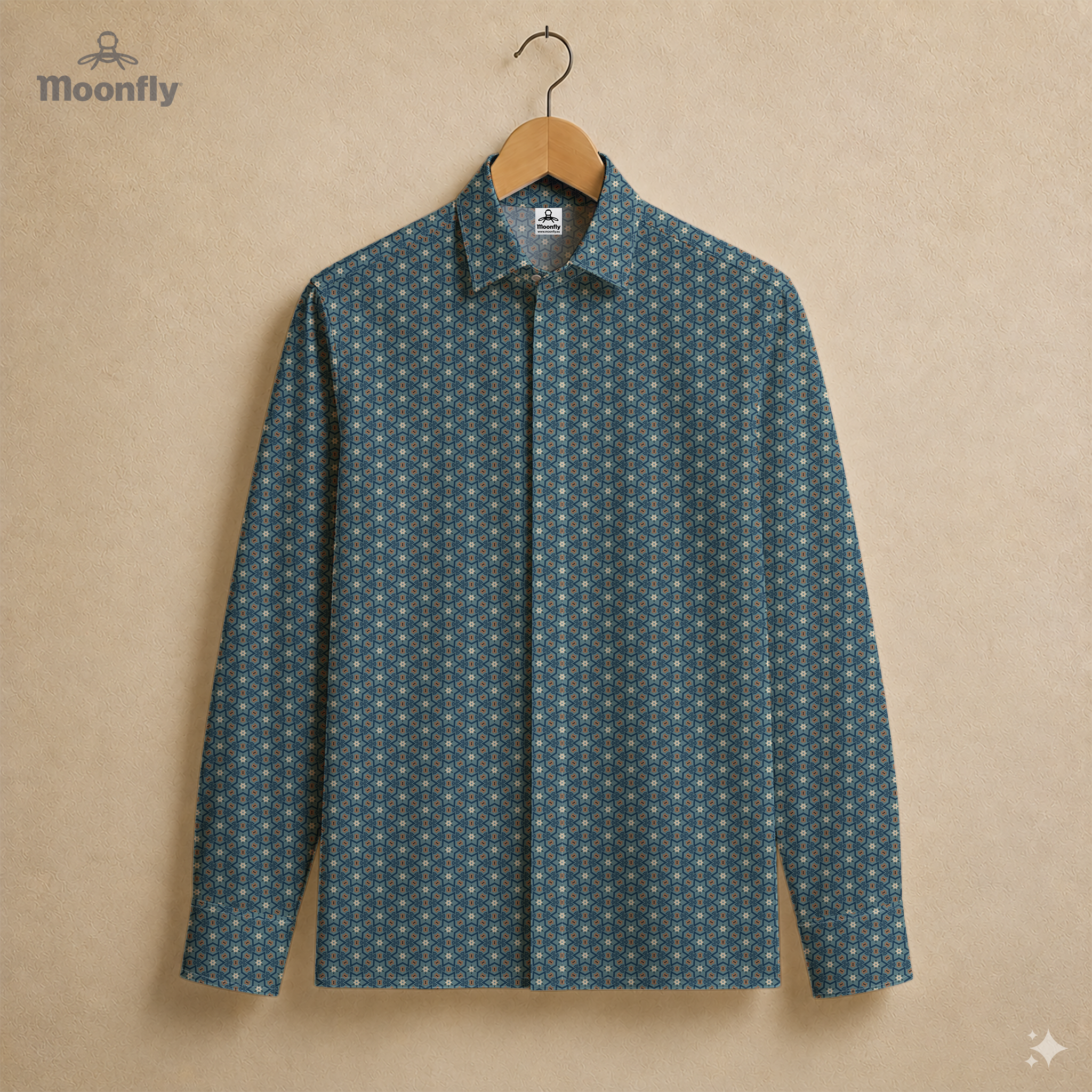 Men’s geometric black, brown, cream and blue cotton long sleeve button-down shirt.