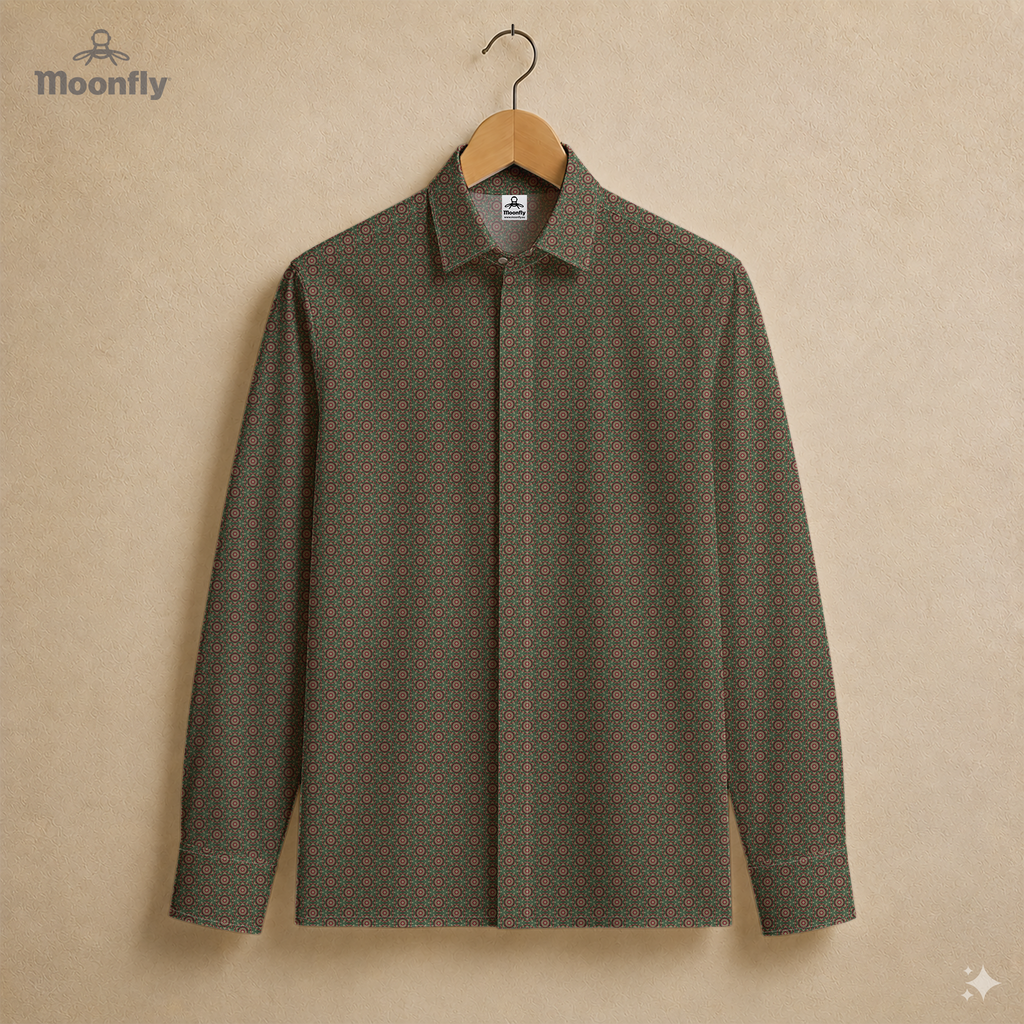 Men’s geometric dark green, light green, bordeaux and pink cotton long sleeve button-down shirt.