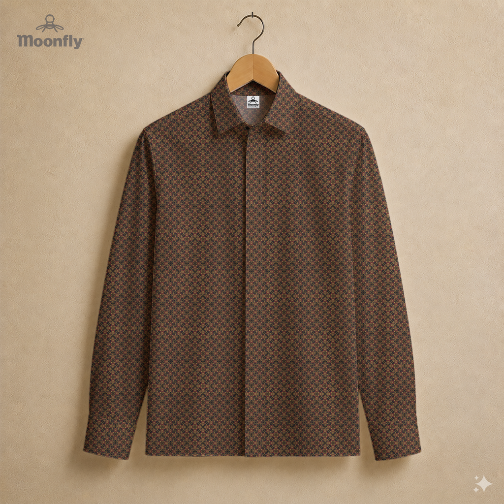 Men’s geometric black, brown, cream and gold cotton long sleeve button-down shirt.