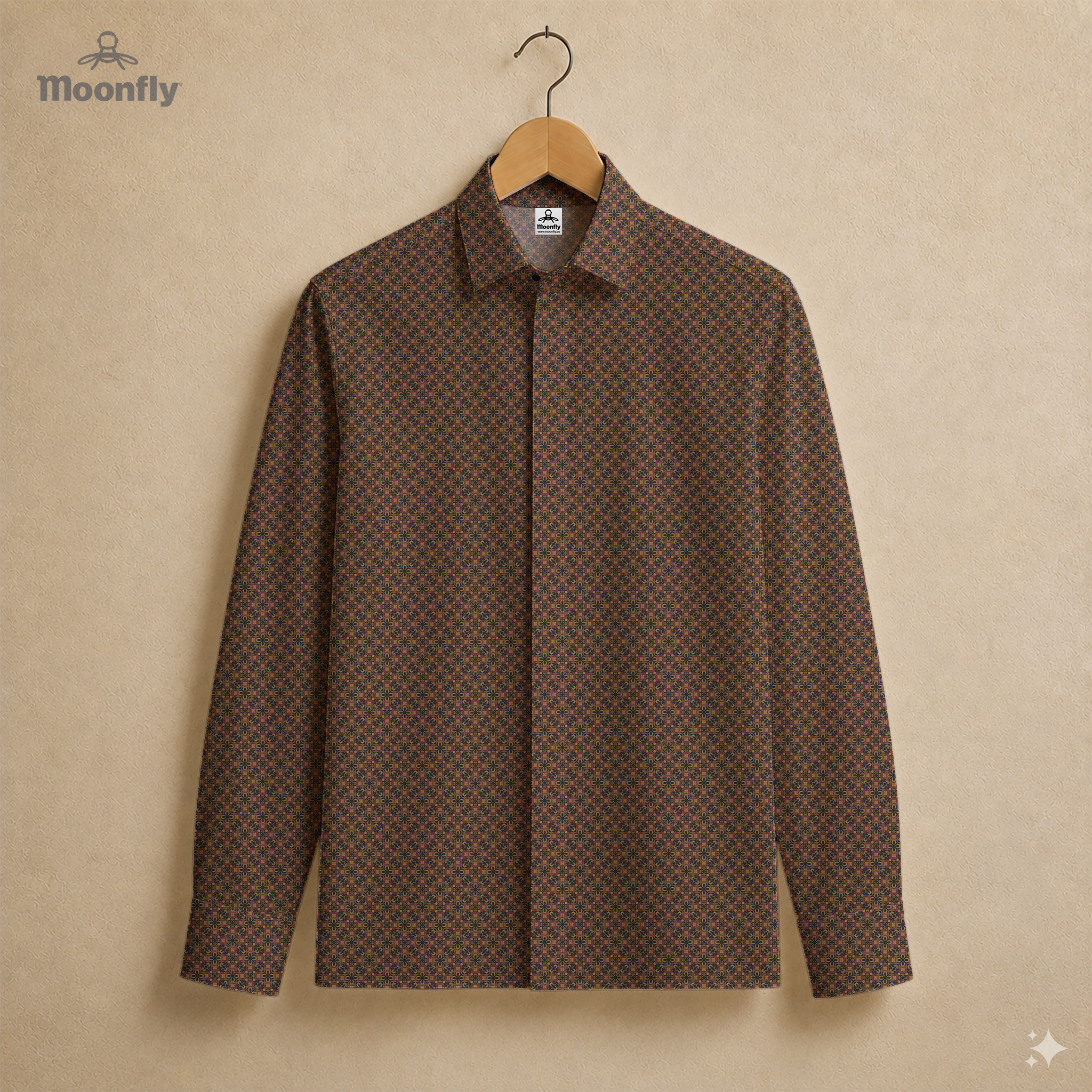 Men’s geometric black, brown, cream and gold cotton long sleeve button-down shirt.