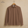 Men’s geometric black, gold and pink cotton long sleeve button-down shirt.