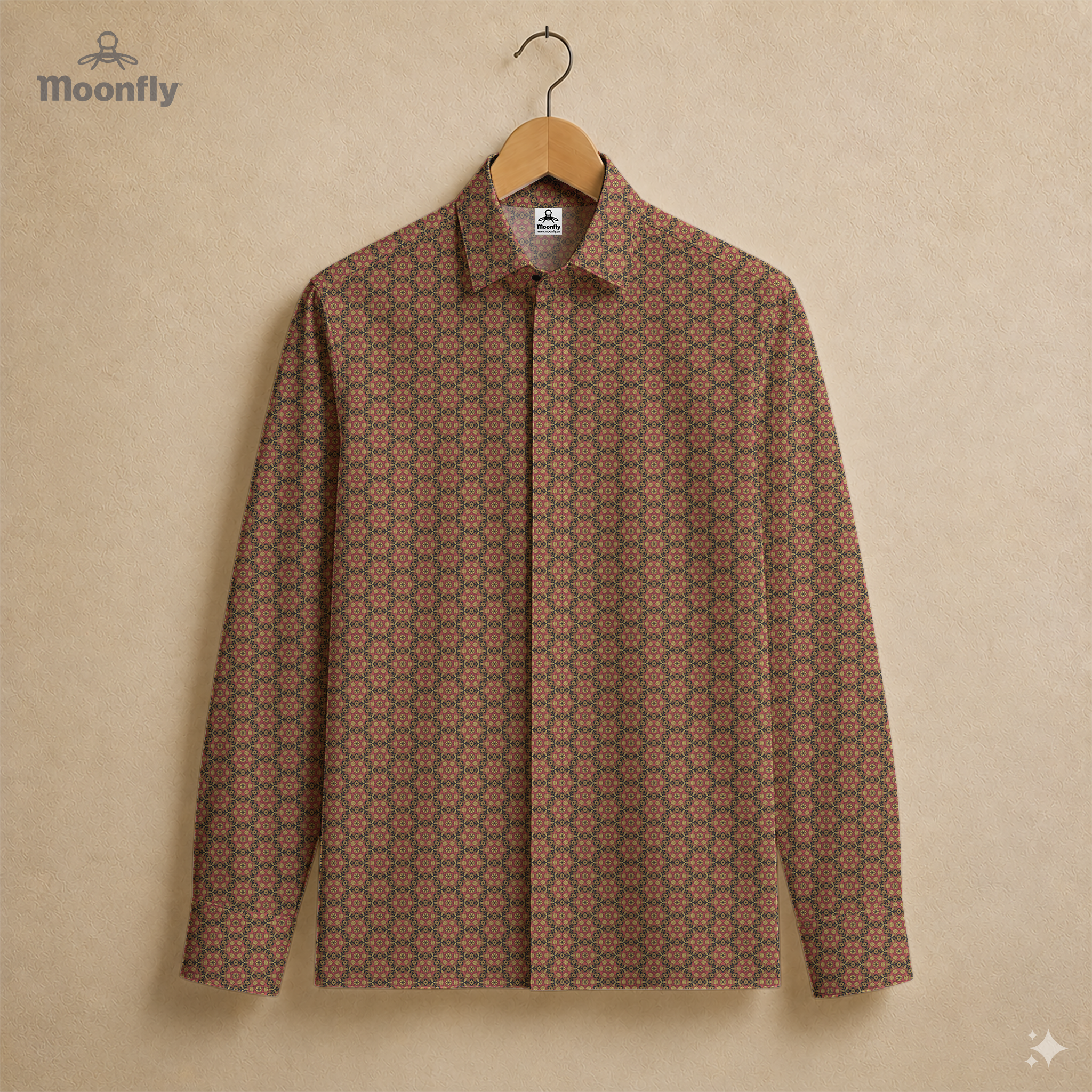 Men’s geometric black, gold and pink cotton long sleeve button-down shirt.