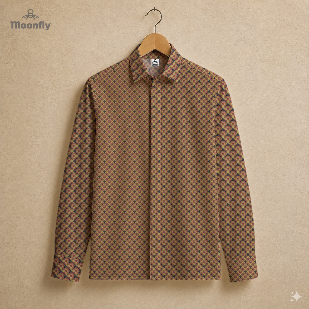 Men’s geometric black, brown, cream and dark gold cotton long sleeve button-down shirt.