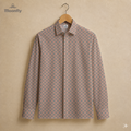 Men’s geometric black, bordeaux, pink and cream cotton long sleeve button-down shirt.