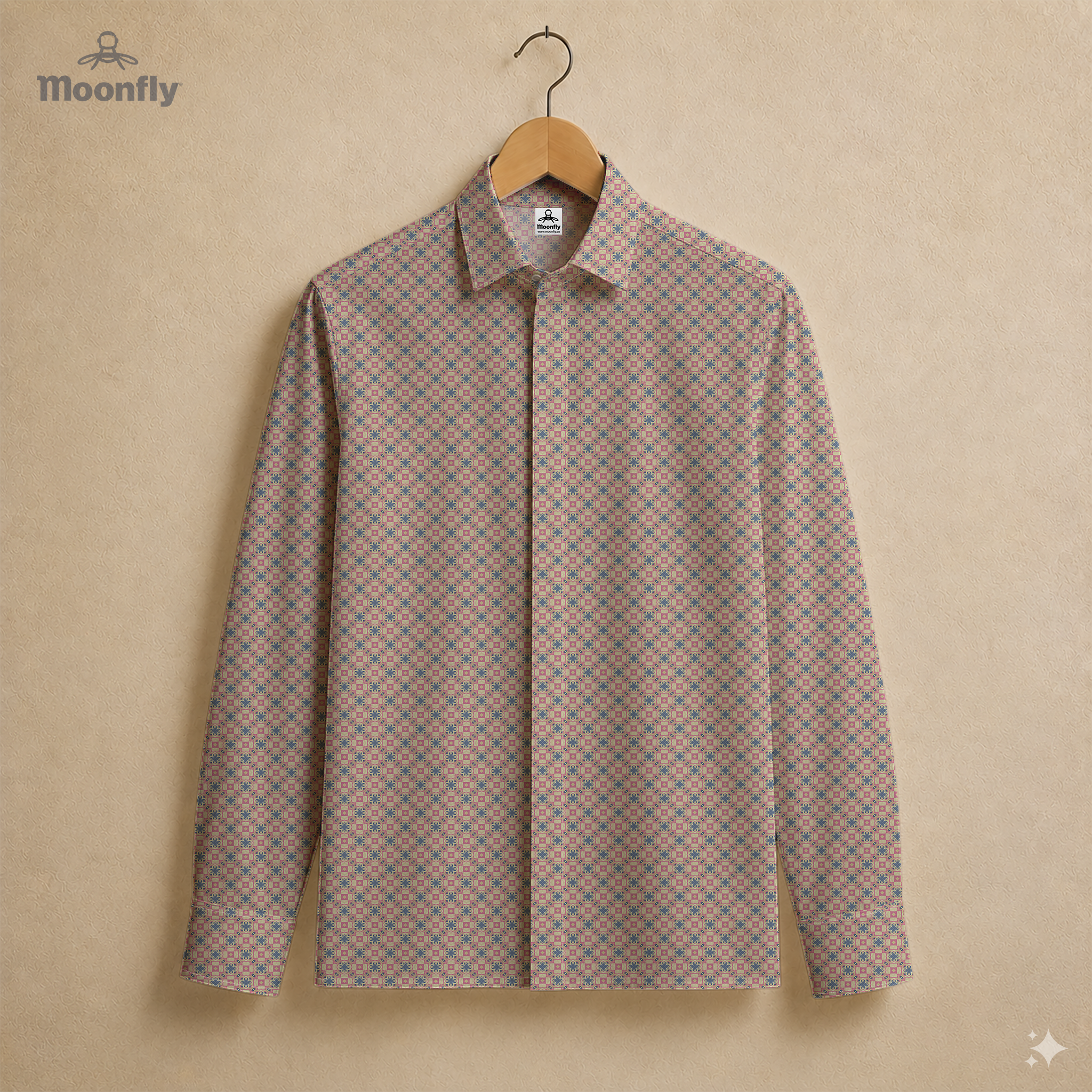 Men’s geometric black, bordeaux, pink and cream cotton long sleeve button-down shirt.