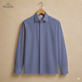 Men’s geometric blue, white and grey cotton long sleeve button-down shirt.