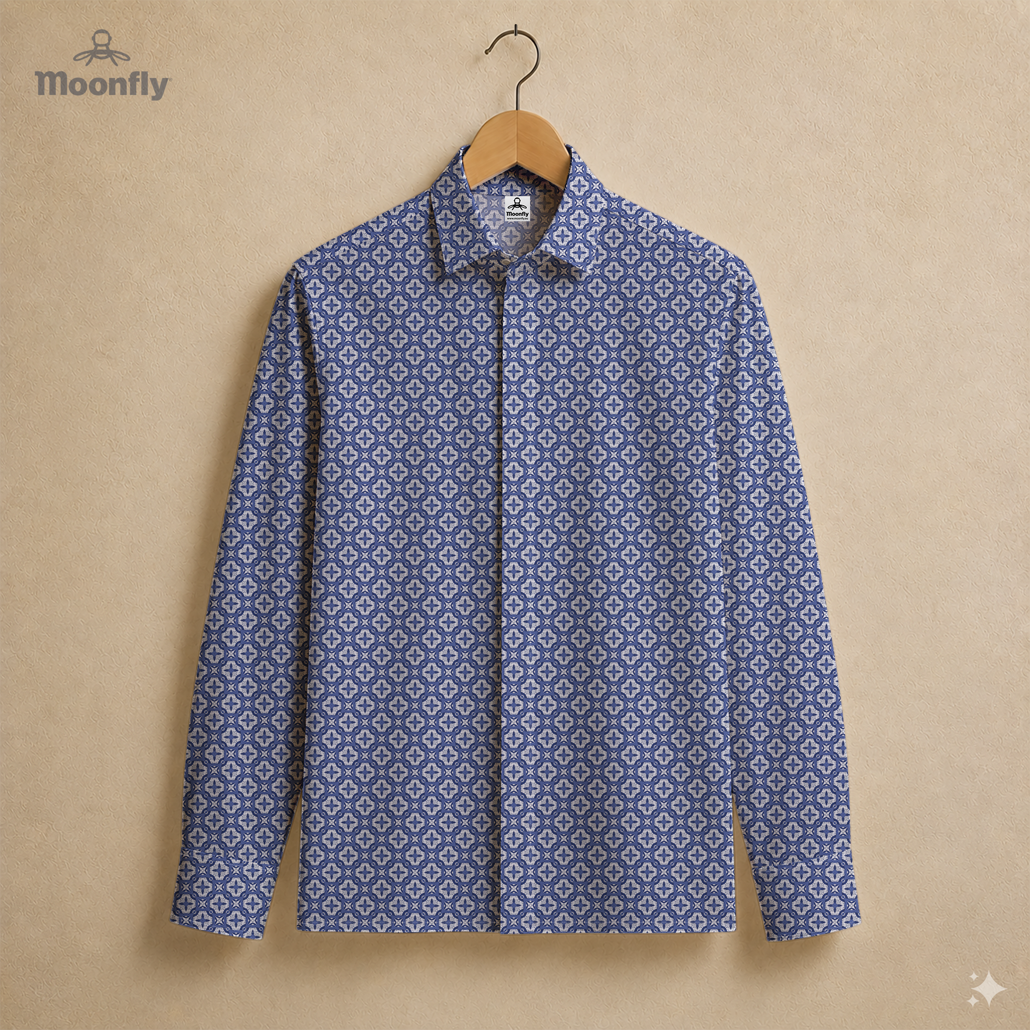 Men’s geometric blue, white and grey cotton long sleeve button-down shirt.