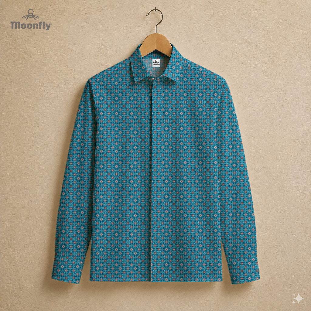 Men’s geometric blue, dark blue, cream and red cotton long sleeve button-down shirt.