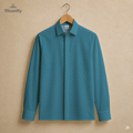 Men’s geometric blue, dark blue, cream and red cotton long sleeve button-down shirt.