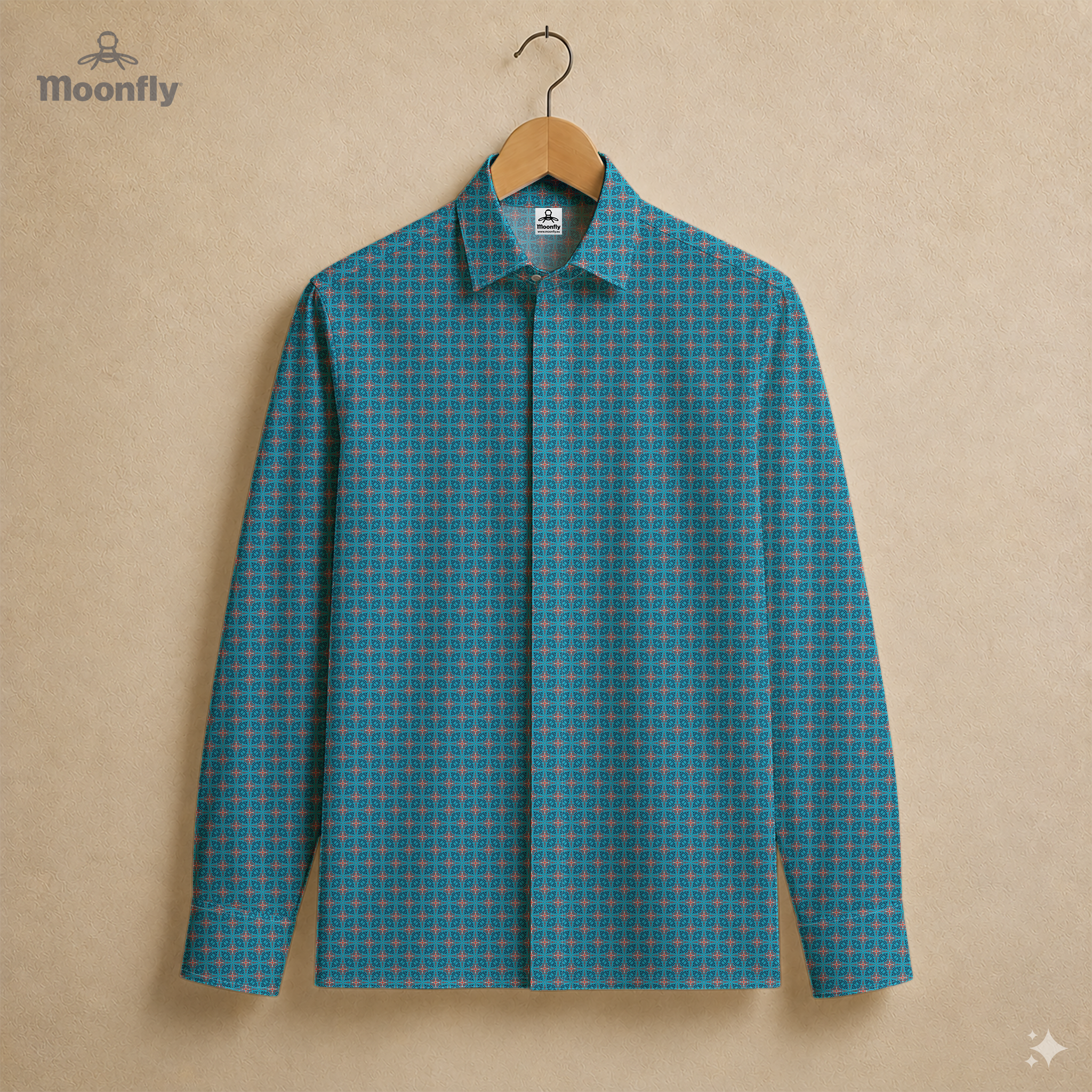 Men’s geometric blue, dark blue, cream and red cotton long sleeve button-down shirt.