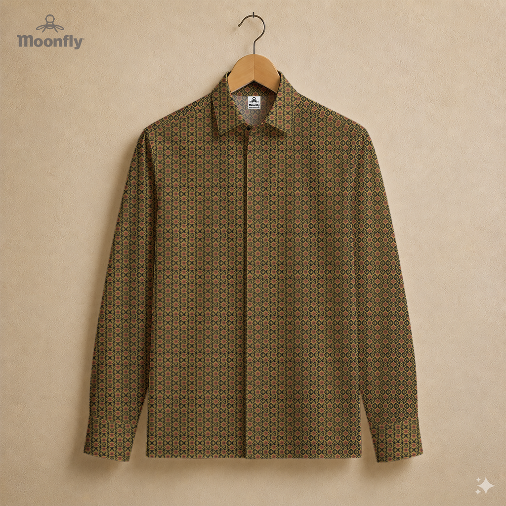  Men’s geometric black, yellow and brown cotton long sleeve button-down shirt. 