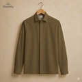  Men’s geometric black, yellow and brown cotton long sleeve button-down shirt. 