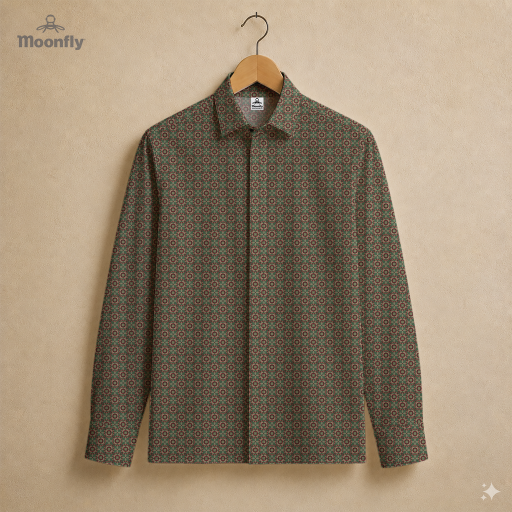Men’s geometric pink, bordeaux, green and cream cotton long sleeve button-down shirt.