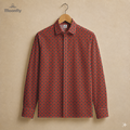 Men’s geometric black, orange and red cotton long sleeve button-down shirt.