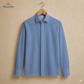 Men’s geometric blue and white cotton long sleeve button-down shirt.