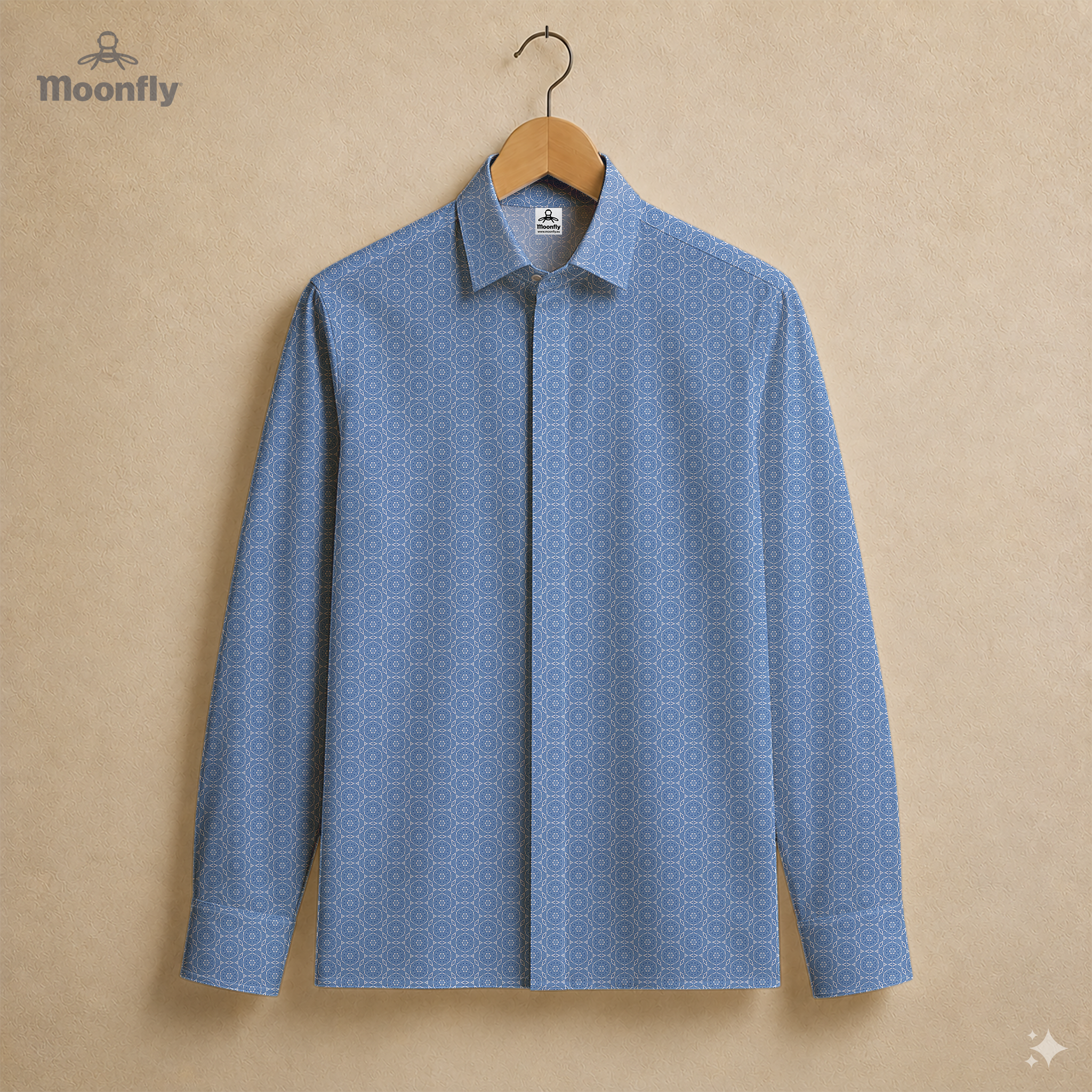 Men’s geometric blue and white cotton long sleeve button-down shirt.