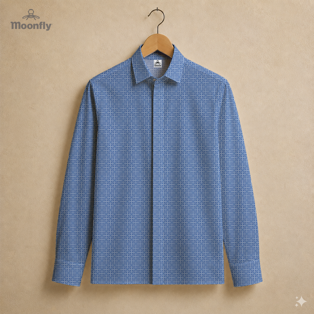 Men’s geometric blue and white cotton long sleeve button-down shirt.