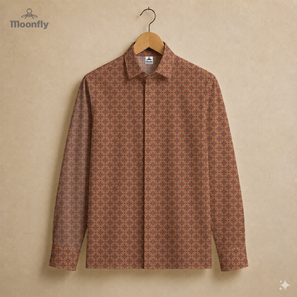 Men’s geometric gray, orange, yellow and dark red cotton long sleeve button-down shirt.