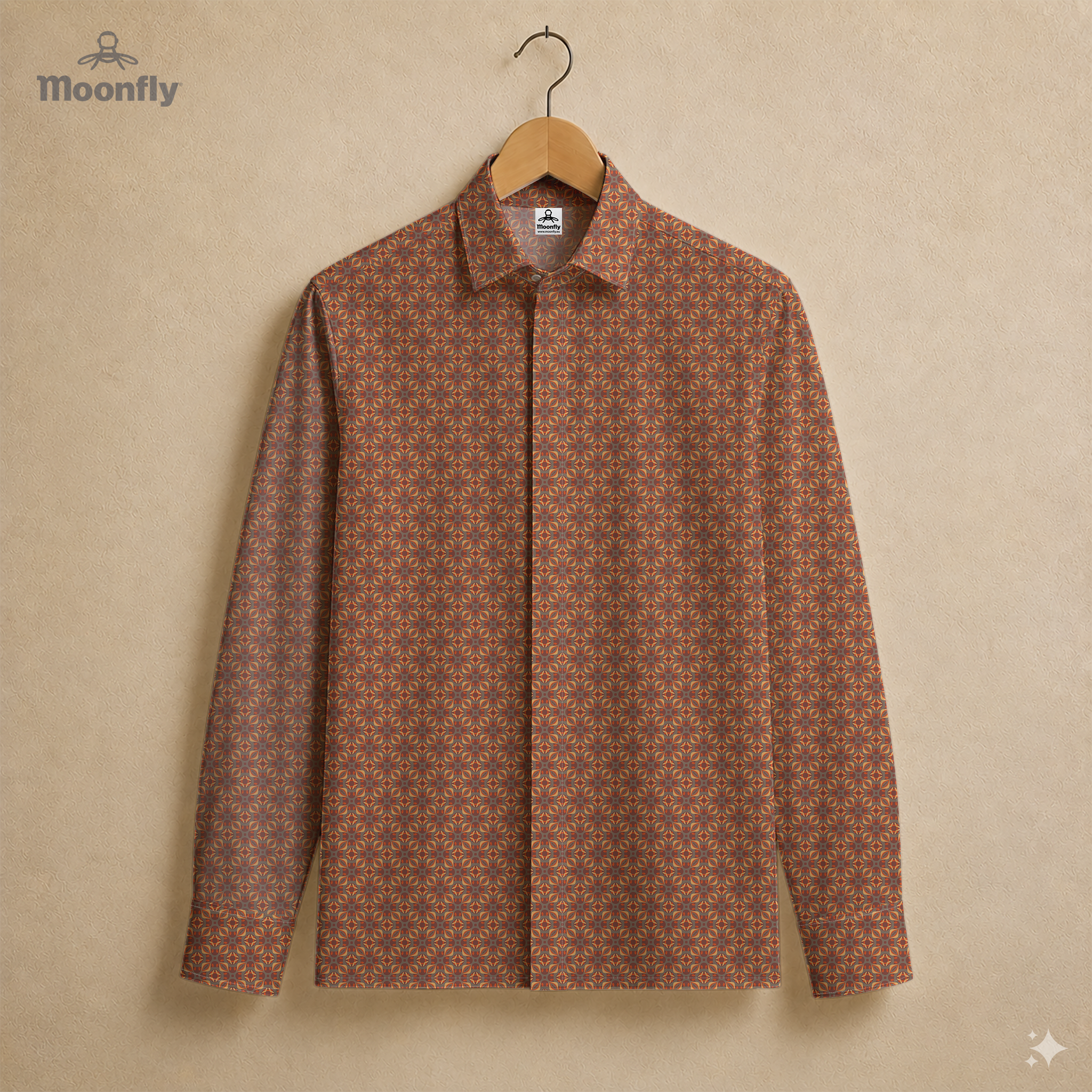 Men’s geometric gray, orange, yellow and dark red cotton long sleeve button-down shirt.