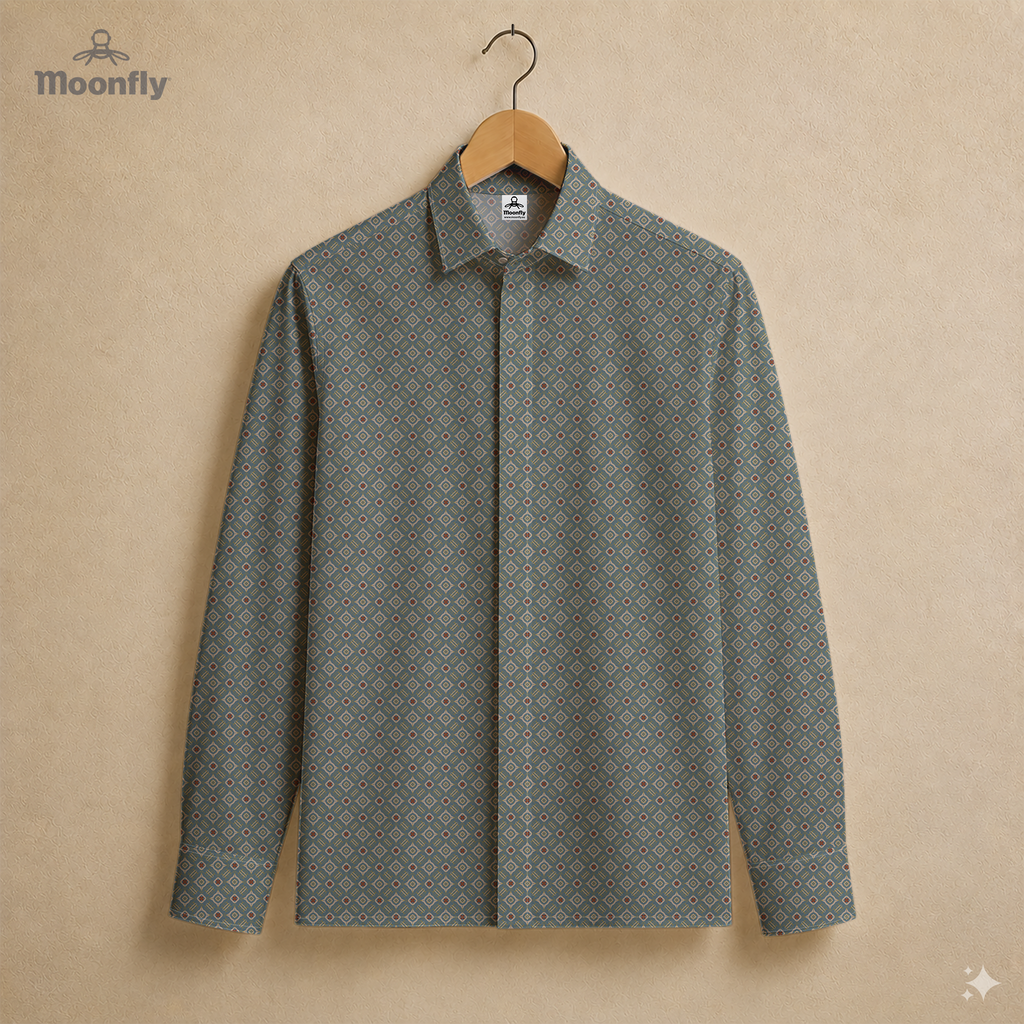 Men’s geometric blue, cream, yellow and red cotton long sleeve button-down shirt.