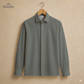 Men’s geometric blue, cream, yellow and red cotton long sleeve button-down shirt.