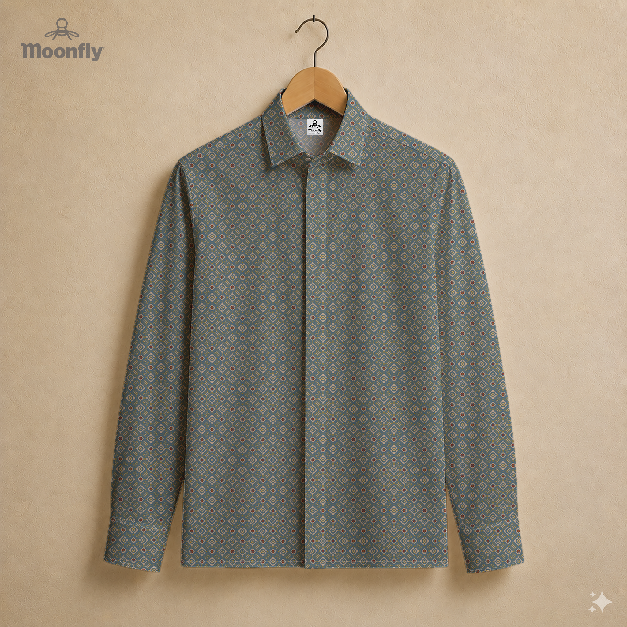 Men’s geometric blue, cream, yellow and red cotton long sleeve button-down shirt.