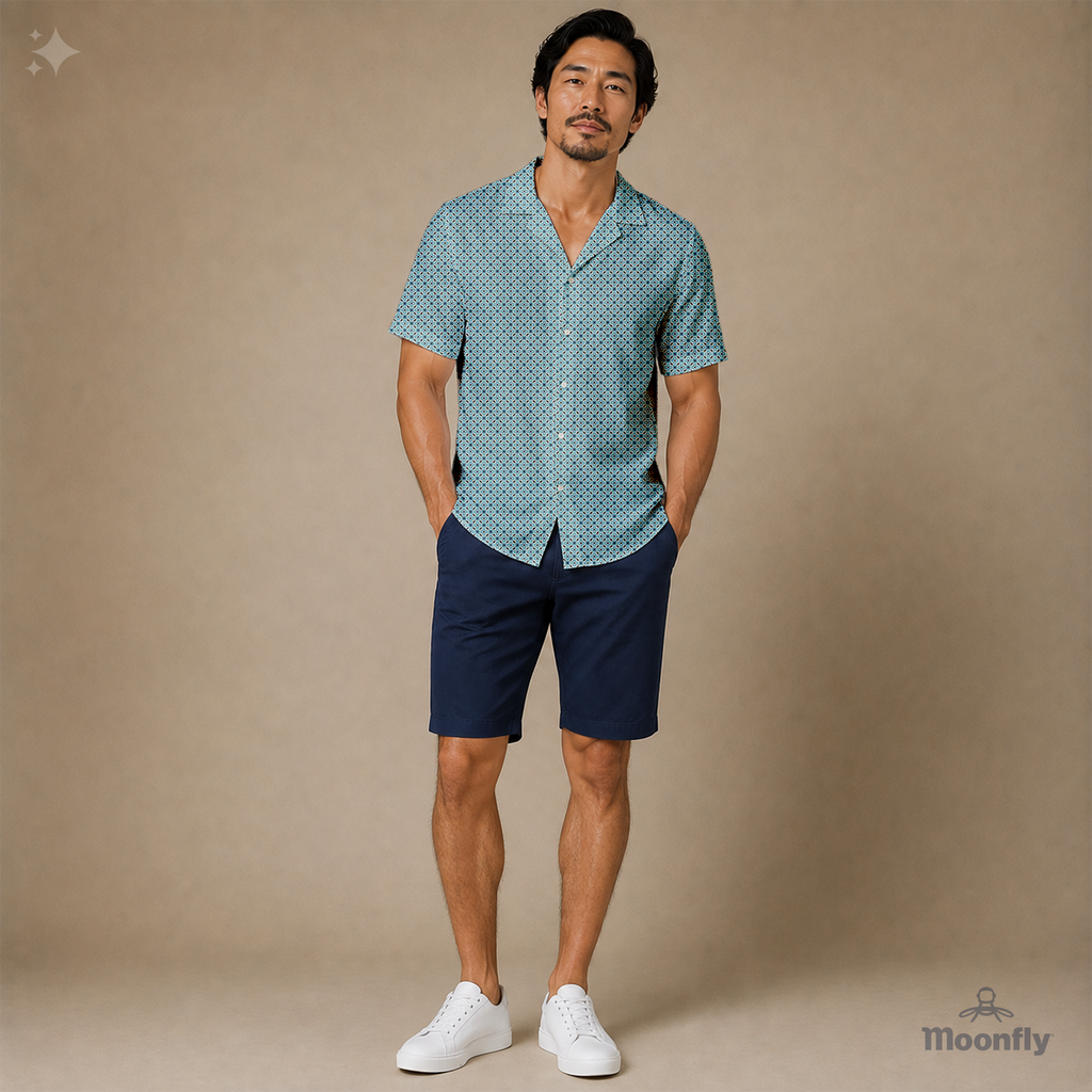 Men’s geometric-pattern cotton Hawaiian short-sleeve button-down shirt in black, blue and cream.