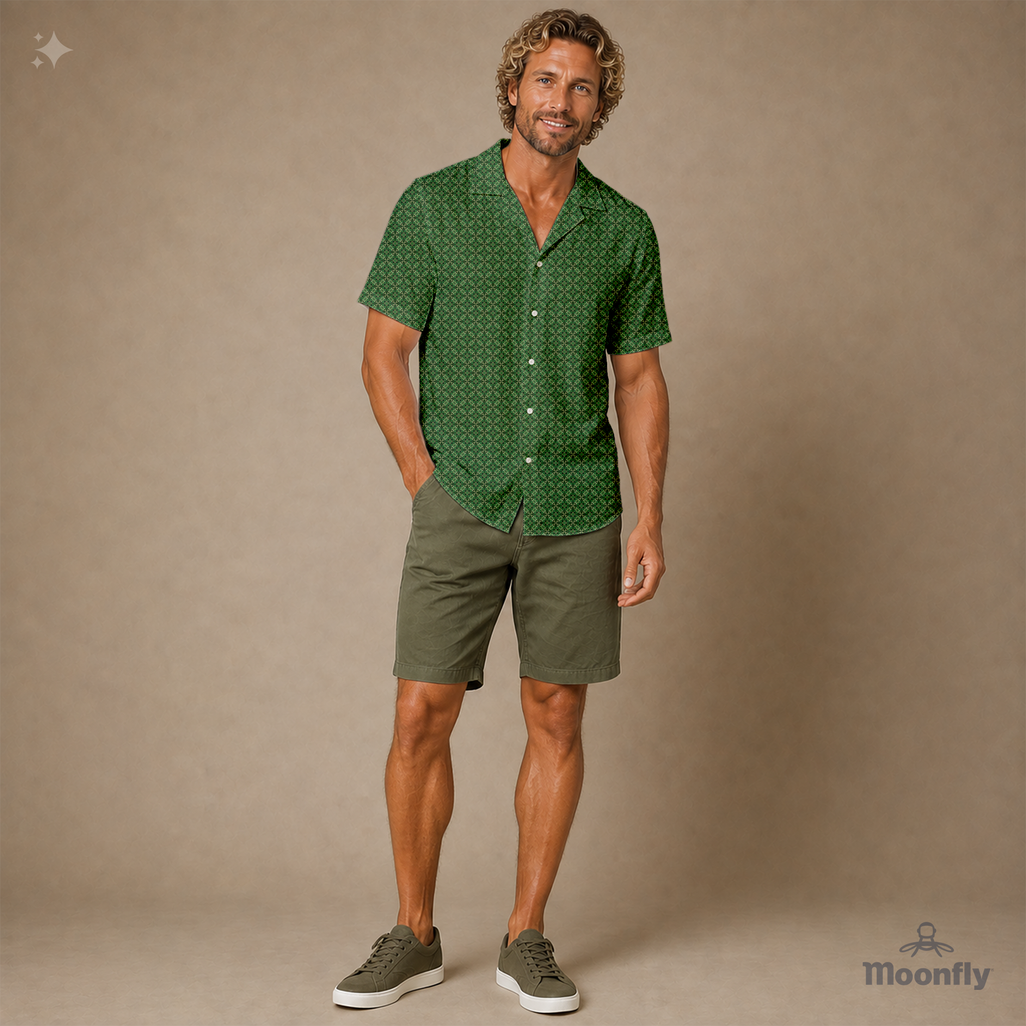 Men’s geometric-pattern cotton Hawaiian short-sleeve button-down shirt in dark green, light green and cream.
