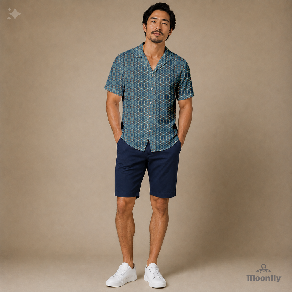 Men’s geometric-pattern cotton Hawaiian short-sleeve button-down shirt in black, blue, cream and brown.