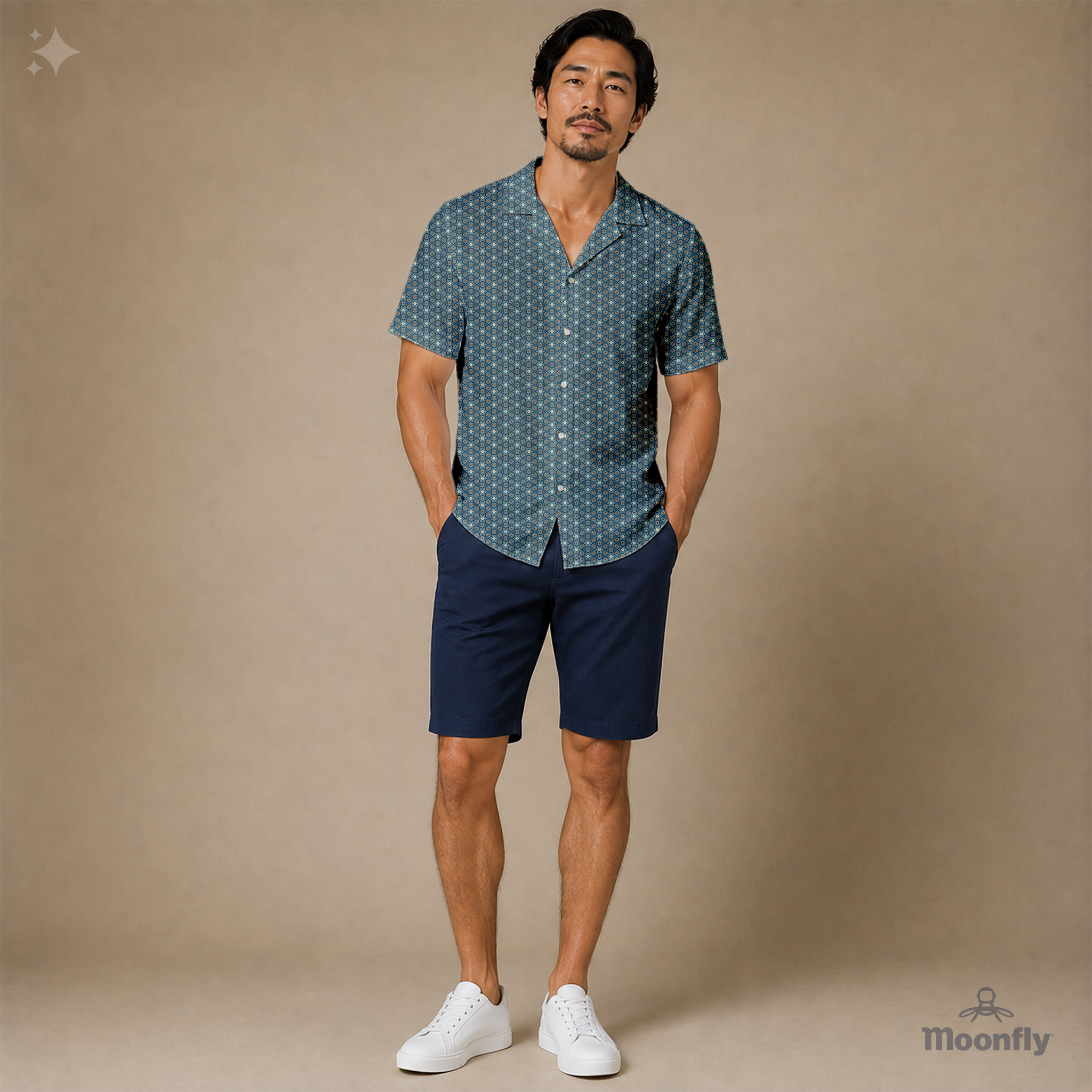 Men’s geometric-pattern cotton Hawaiian short-sleeve button-down shirt in black, blue, cream and brown.