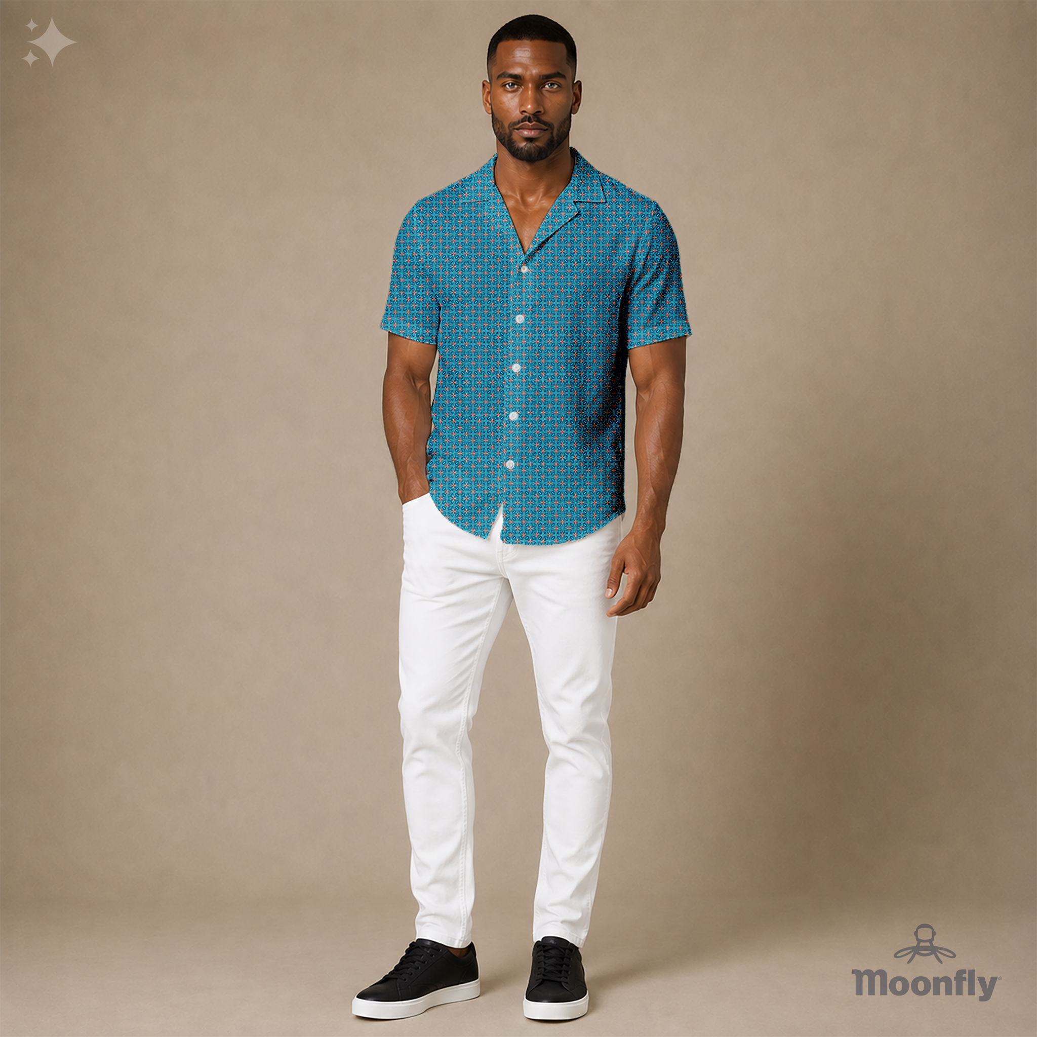 Men's geometric-pattern cotton Hawaiian short-sleeve button-down shirt in dark blue, blue, cream and red.