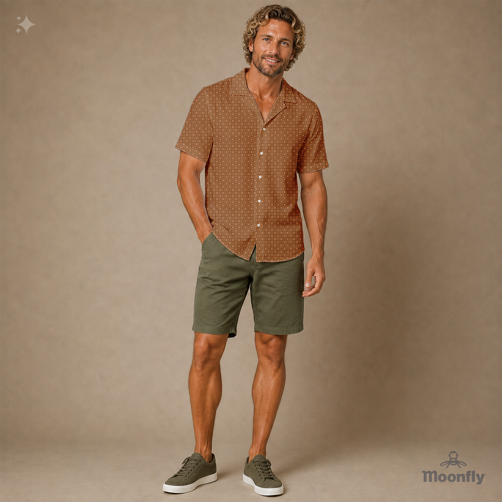 Men’s geometric-pattern cotton Hawaiian short-sleeve button-down shirt in dark brown, light brown and cream.