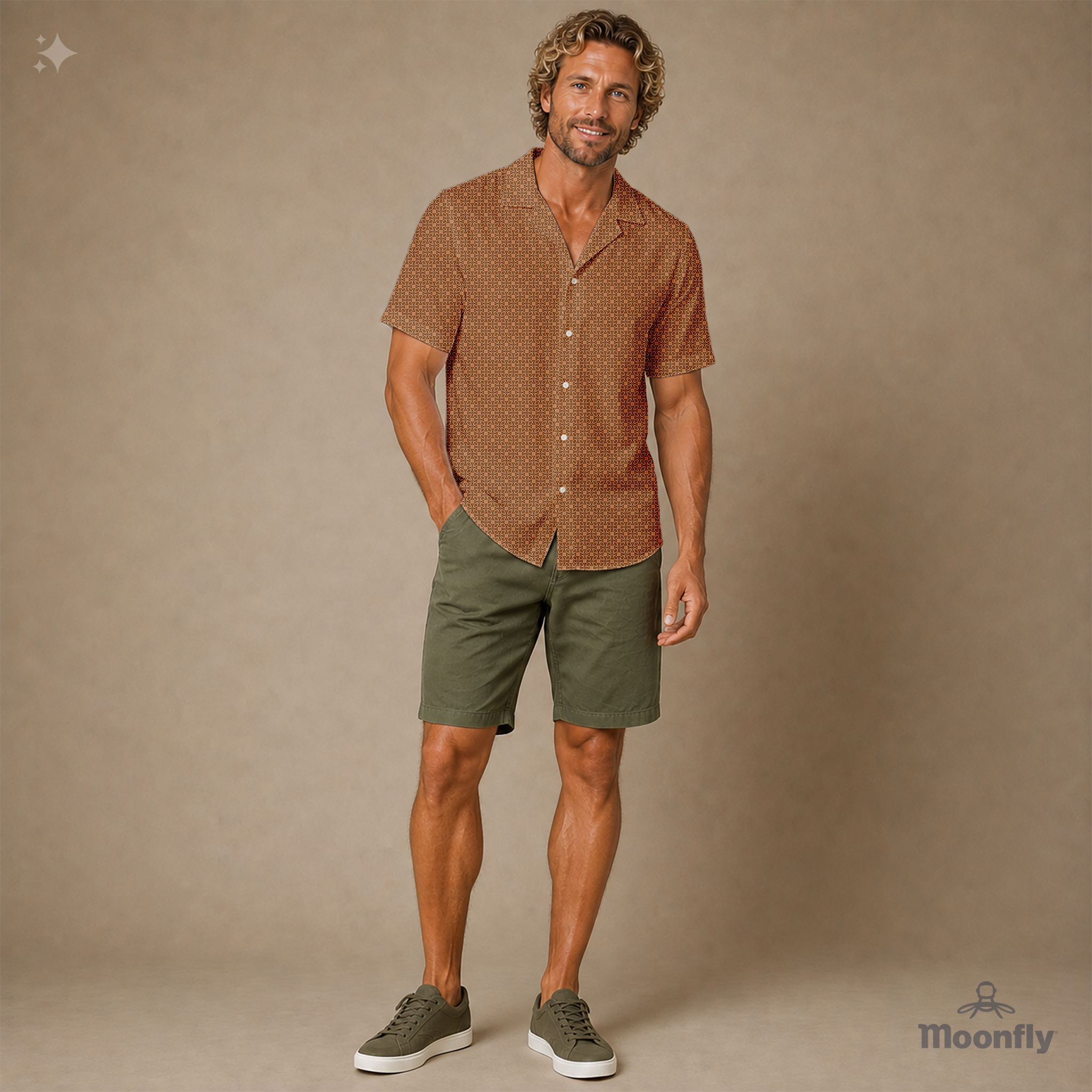 Men’s geometric-pattern cotton Hawaiian short-sleeve button-down shirt in dark brown, light brown and cream.