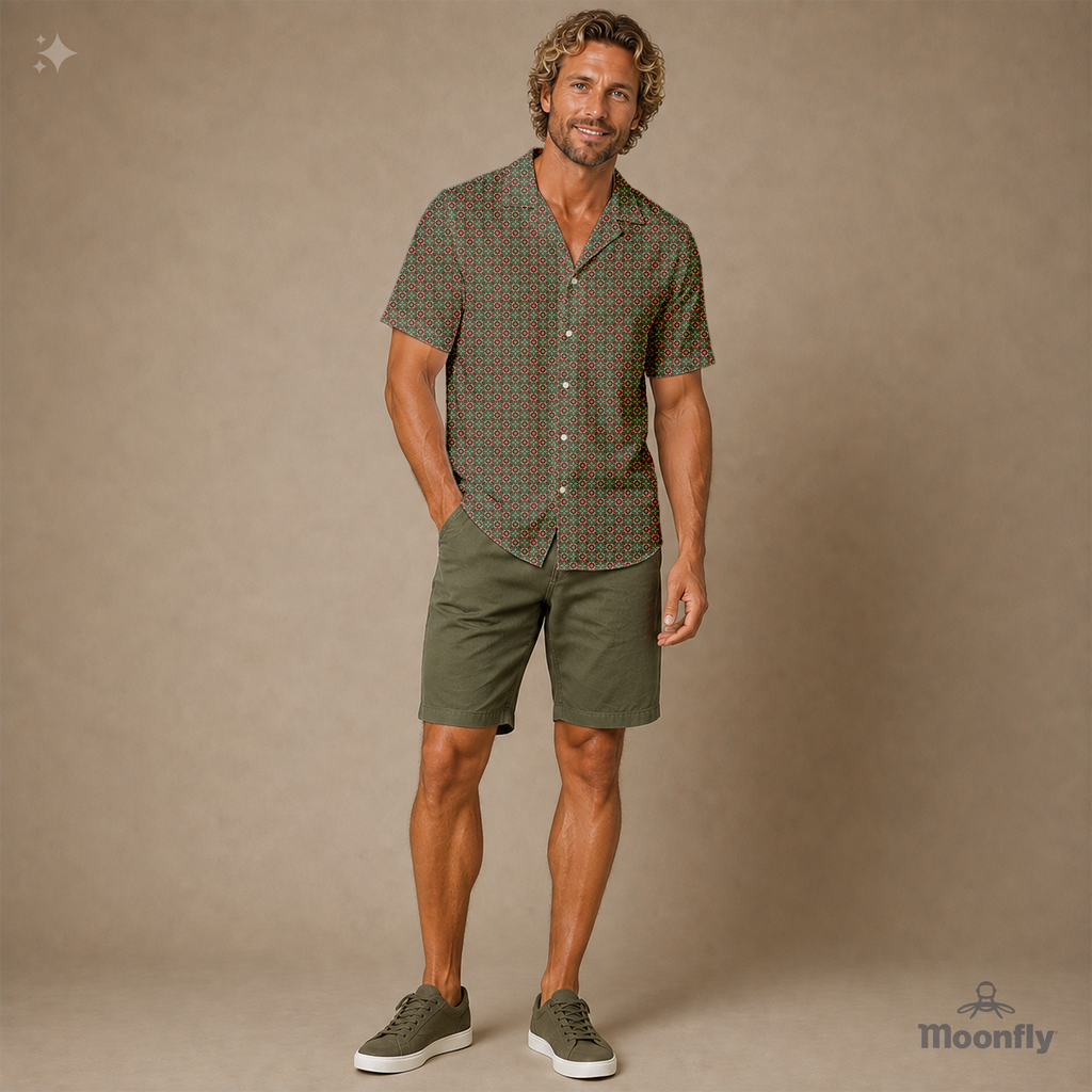  Men's Hawaiian short-sleeve button-down shirt in dark green, light green, bordeaux, pink and cream. 