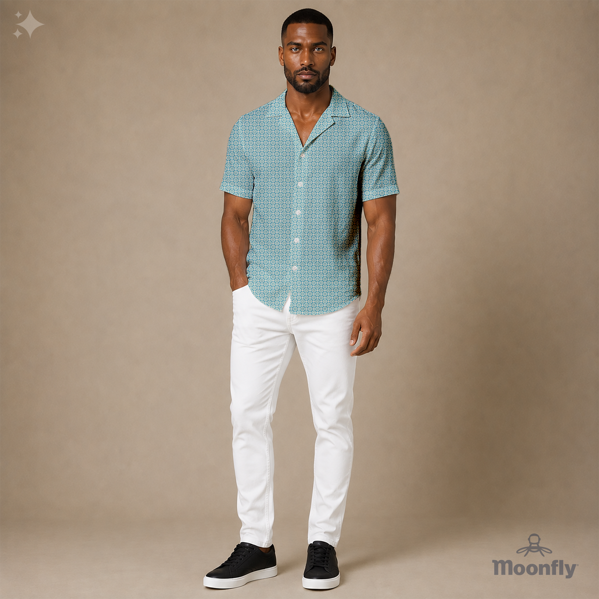 Men’s geometric-pattern cotton Hawaiian short-sleeve button-down shirt in cream and light blue.