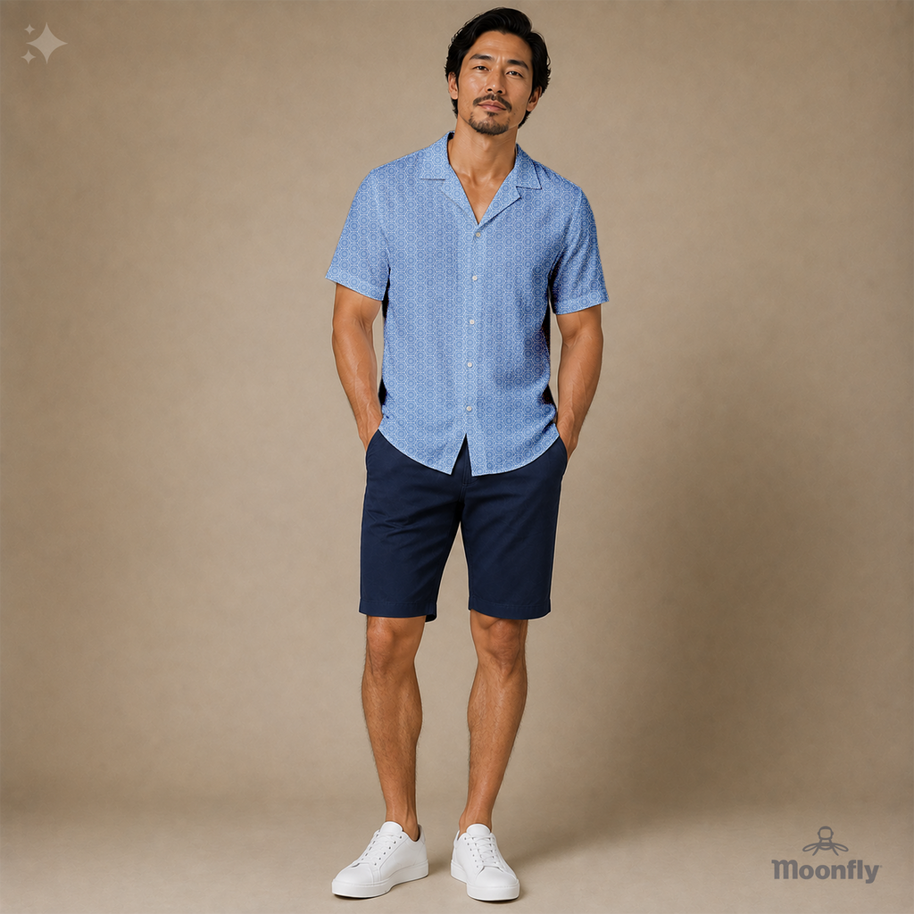  Men’s geometric-pattern cotton Hawaiian short-sleeve button-down shirt in cream and blue. 