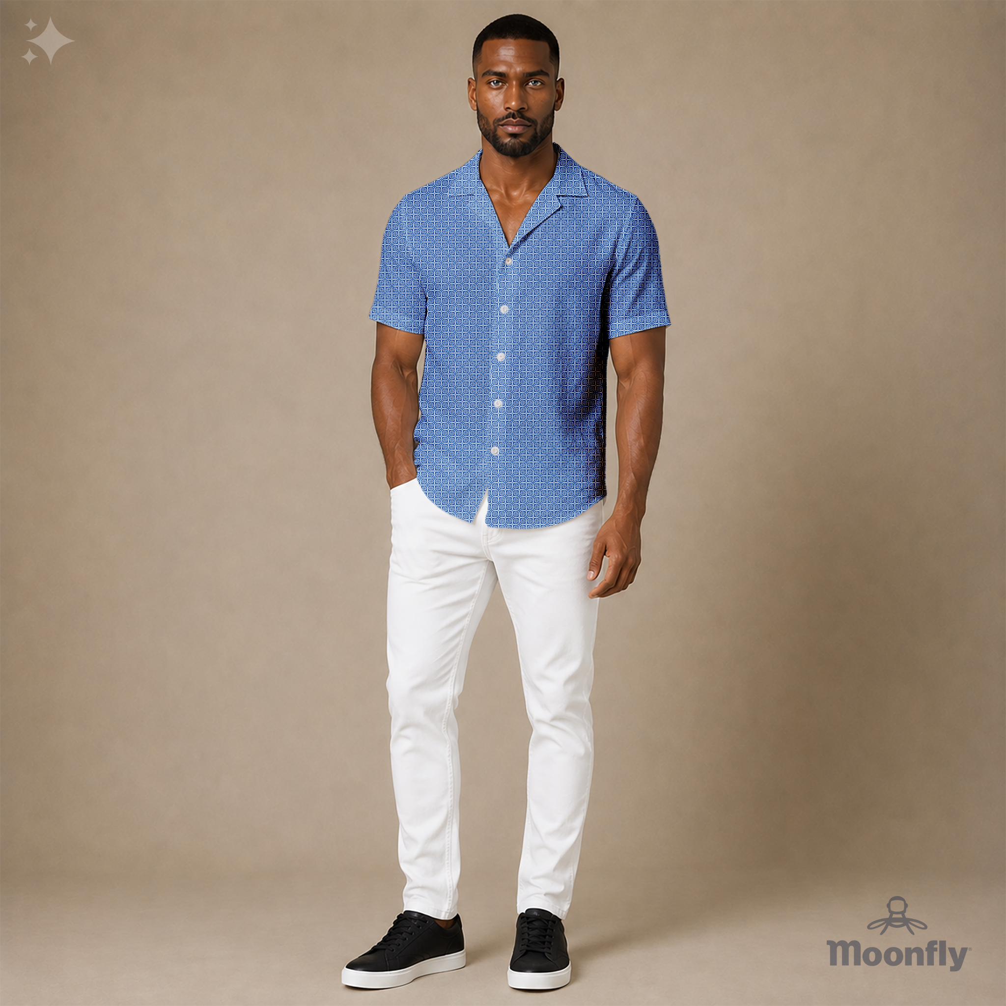 Men’s geometric-pattern cotton Hawaiian short-sleeve button-down shirt in cream and light blue.