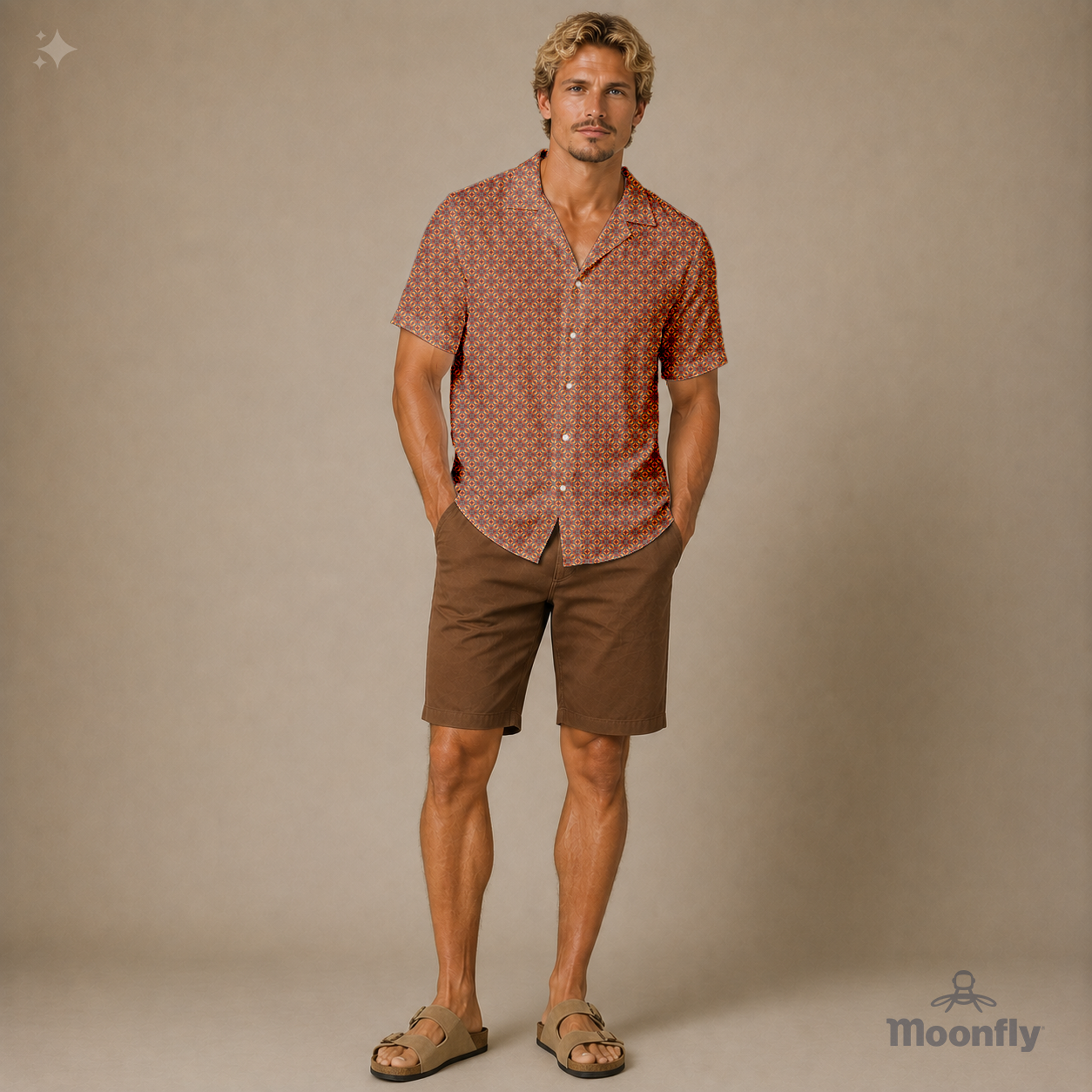 Men’s geometric-pattern cotton Hawaiian short-sleeve button-down shirt in grey, orange and yellow.