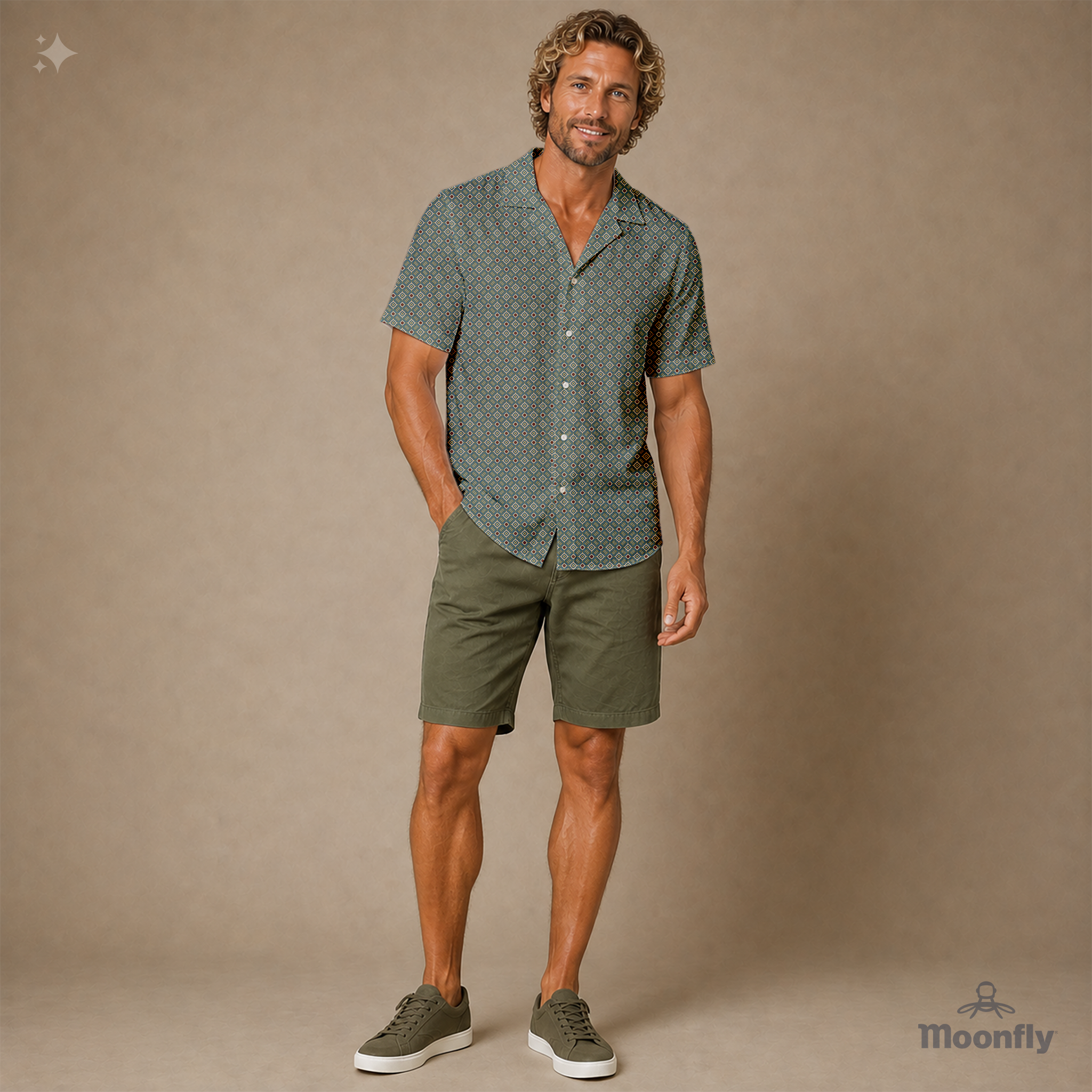 Men’s geometric-pattern cotton Hawaiian short-sleeve button-down shirt in blue, cream and yellow.
